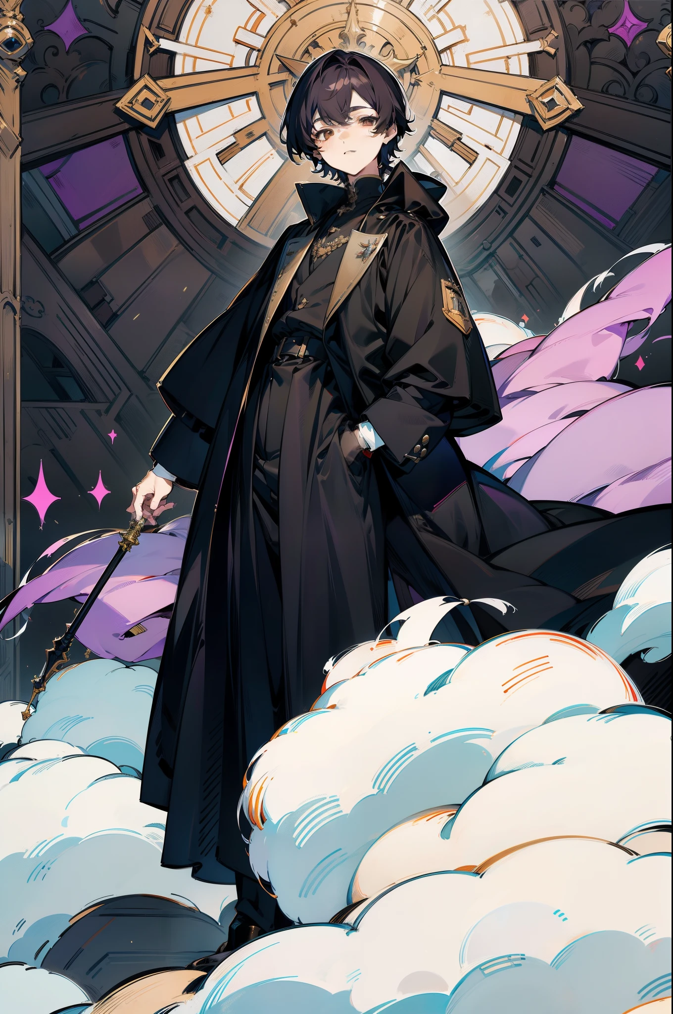 Masterpiece, Best quality, High definition，1   boy，Boy hairstyle，Brown eyes，Black-purple long-sleeved coat，a black cloak，long trousers，16 years old，