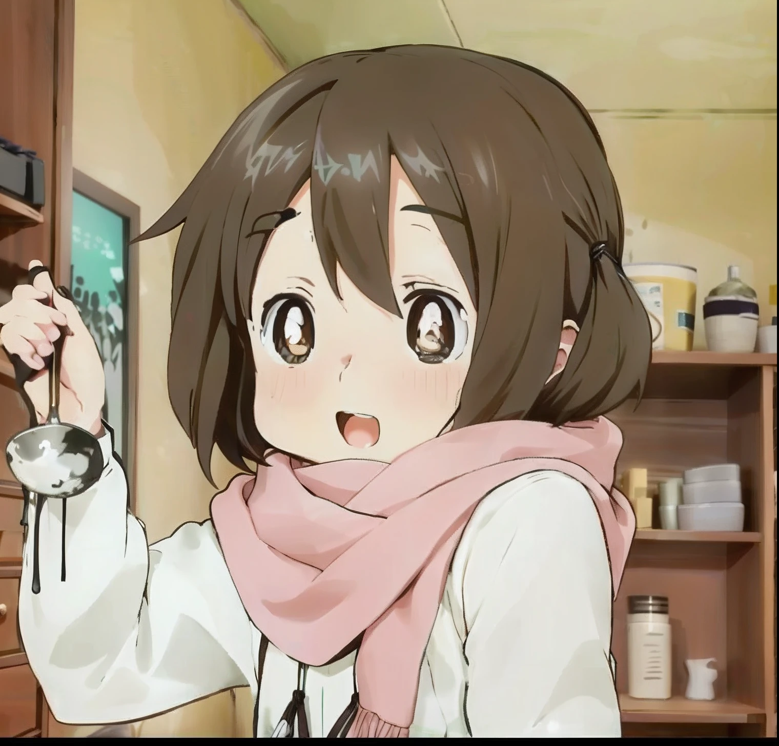 Anime girl with brown hair and scarf holding spoon in her hand, anime visual of a cute girl, chihiro! fujisaki, Female protagonist 👀 :8, anime moe art style, honest, Cute anime girl, Kantai collection style, chiaki nanami from danganronpa, anime best girl, up of young anime girl, Also
