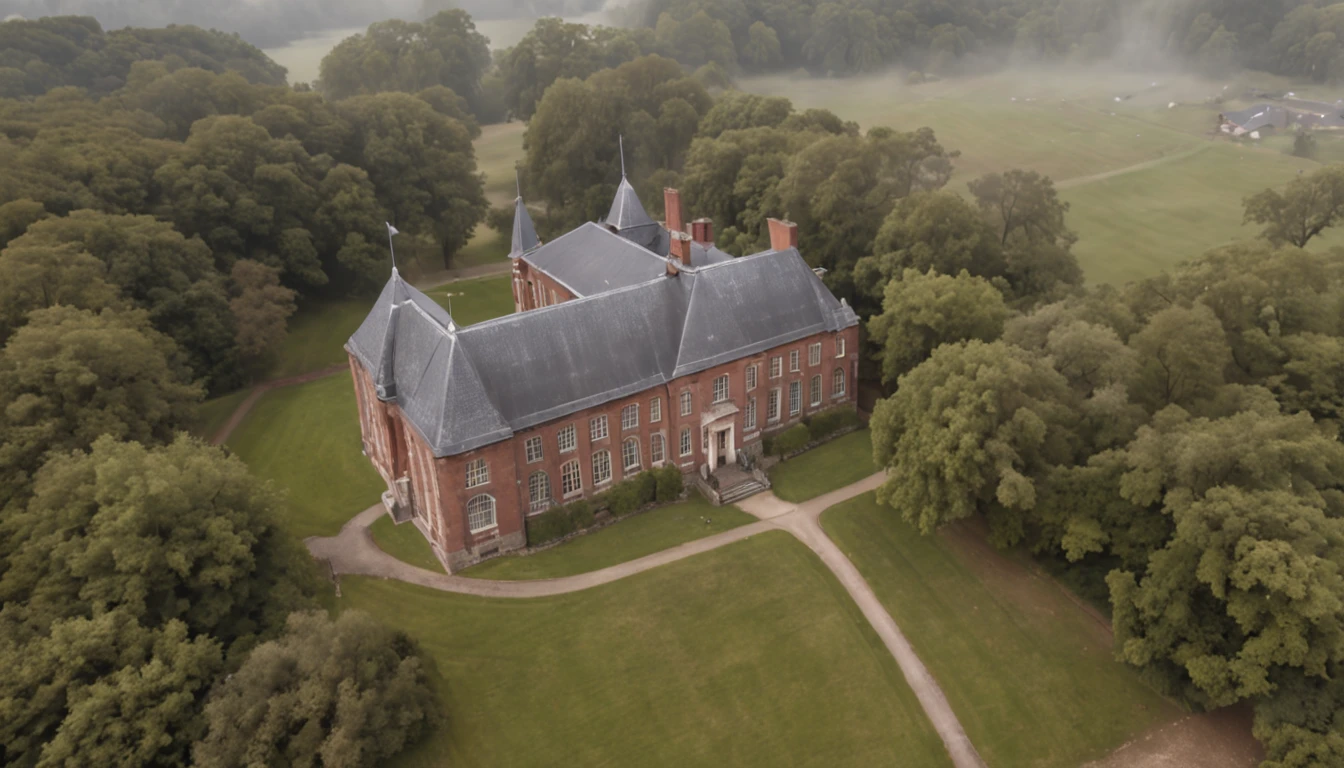 Aerial shot moving down towards a mysterious and eerie-looking school building surrounded by mist