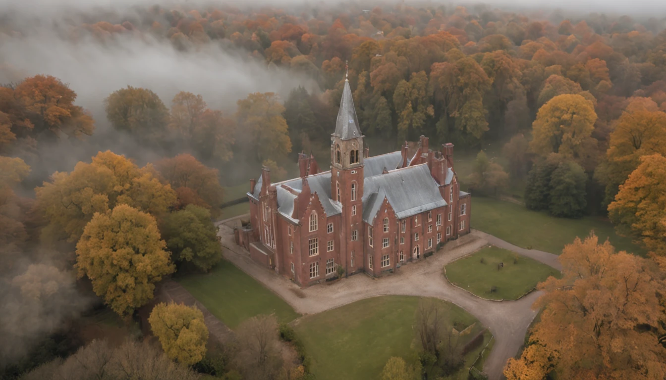 Aerial shot moving down towards a mysterious and eerie-looking school building surrounded by mist