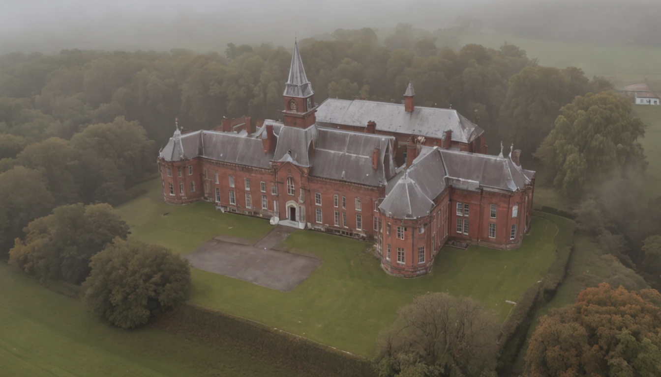 Aerial shot moving down towards a mysterious and eerie-looking school building surrounded by mist