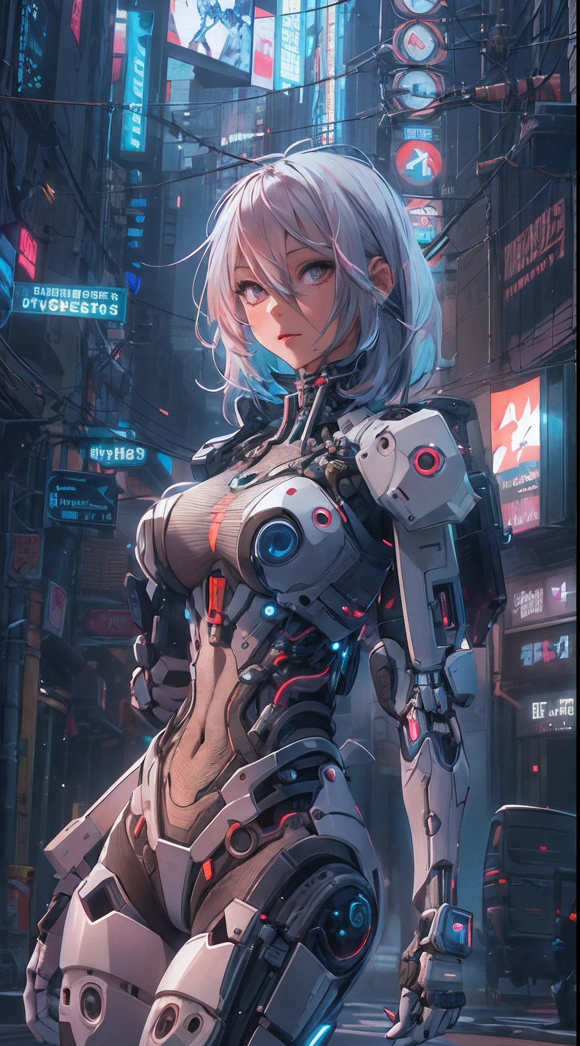 {{{masterpiece}}}, {{{best quality}}}, {{ultra-detailed}}, {{an extremely delicate and beautiful}}, NeG, NA, cyberpunk, cyber city, head tilt, robot arms, robort, neon, mechanical arms, night, weapon, girl, silver hair,floor