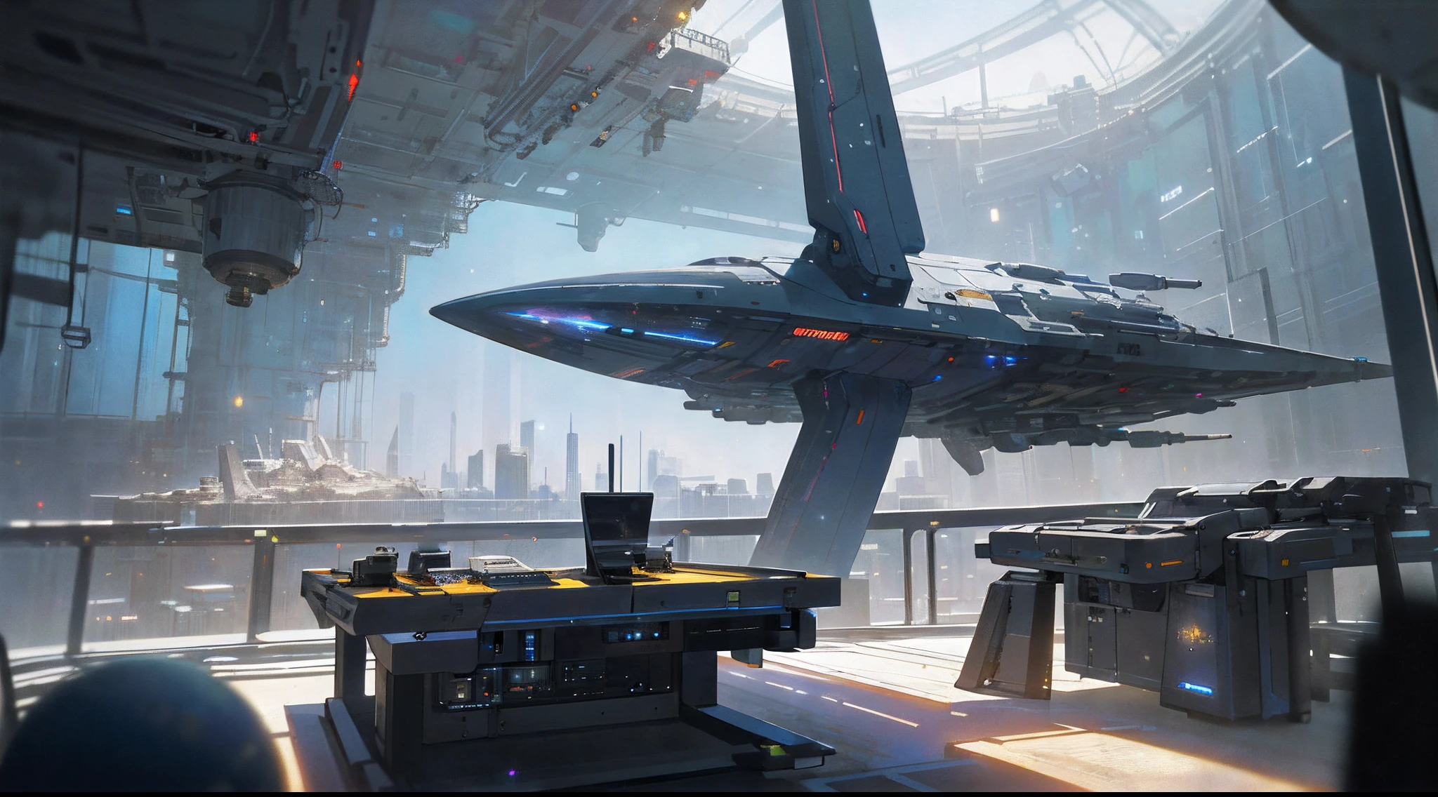 (((8k, foto RAW, melhor qualidade, obra-prima mattepainting inspirada no artista de matte albert withlock:1.4))), ultra high-resolution, ultra-detalhado, illustration, An astonaut waking up in his spaceship looking into infinite space behind a tall window on the side of the ship and in the foreground of the scene, This is a sci-fi environment,apenas, fiction sci-fi scene, add some small objects up in the table in the room in the back of a astronaut a wall of a spaceship like H.G.Giger drawn, constructions and many bottons and windowns in the spaceship, futuro, imaginando, matte painting of the scene in high resolution and colors of a universe , a spaceship floating in the universe