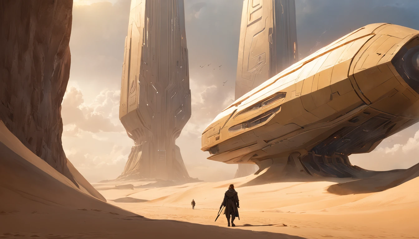 Dune concept art,Clean and neat tones,Sci-fi base scene,Huge scene,Square-shaped complex,Soviet aesthetic architecture,huge buildings,There are many ships in the air,Size contrast,crowd of,Soldiers versus soldiers,Big scenes of war,smog,epic concept art,Fine 8K,vray,Wasteland Science Fiction