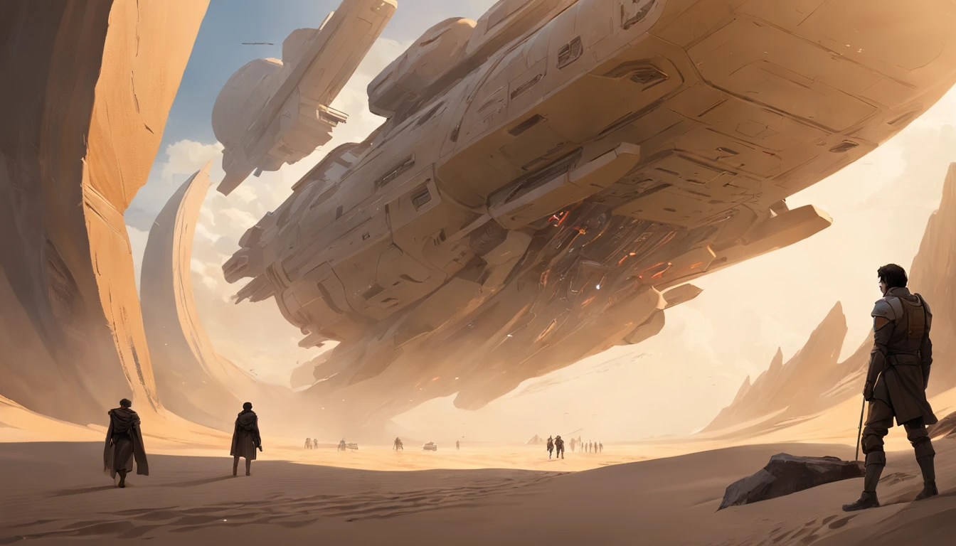 Dune concept art,Clean and neat tones,Sci-fi base scene,Huge scene,Square-shaped complex,Soviet aesthetic architecture,huge buildings,There are many ships in the air,Size contrast,crowd of,Soldiers versus soldiers,Big scenes of war,smog,epic concept art,Fine 8K,vray,Wasteland Science Fiction