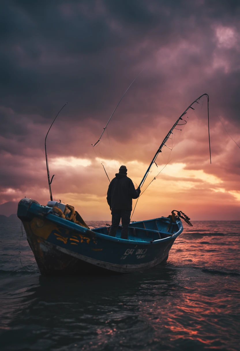 Fisherman standing at the tip of a fishing boat