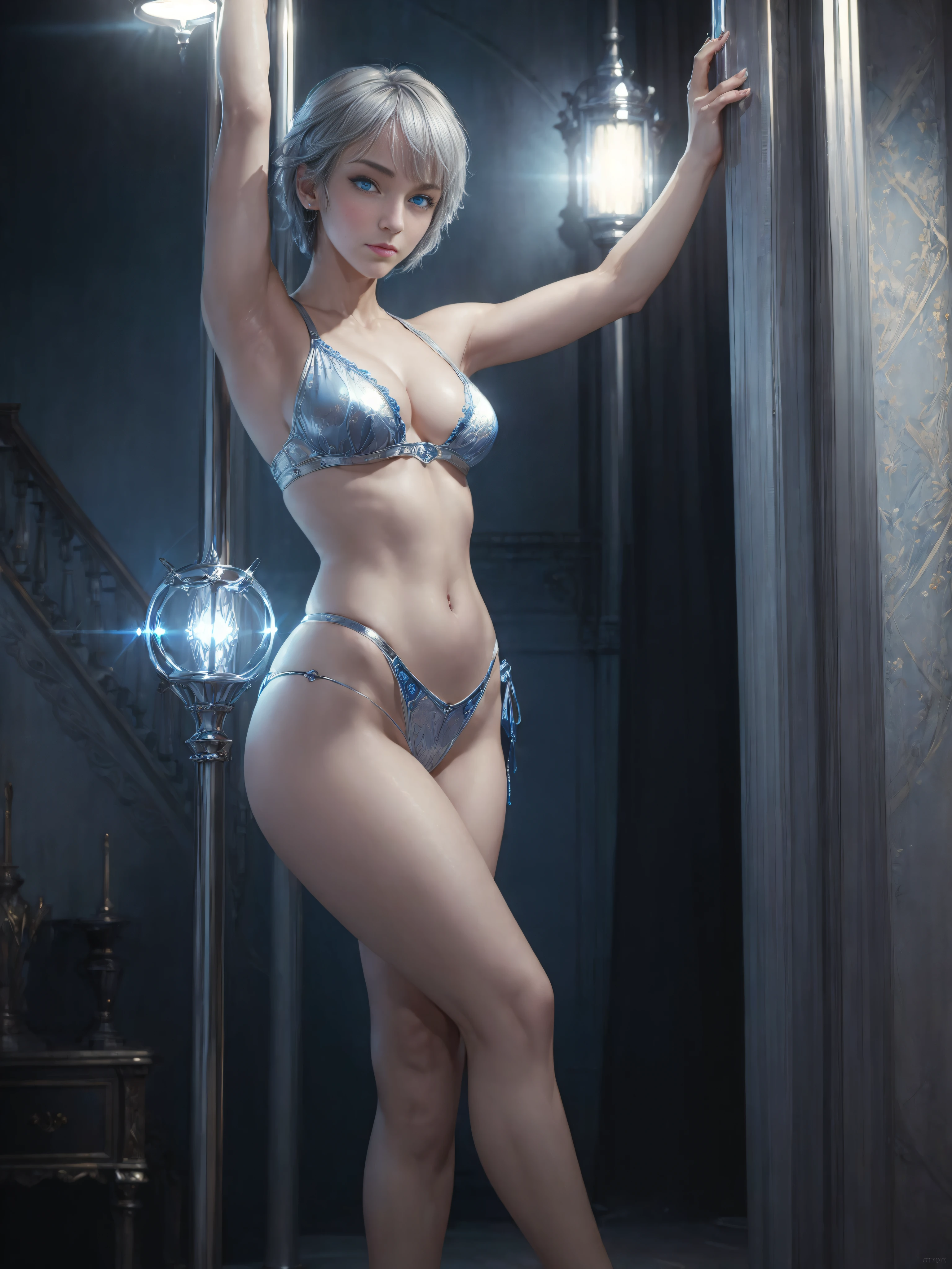 (masterpiece, best quality:1.5), fractal art, silver short hair, blue eyes, spotlight, sexy pose, beautiful girl doing pole dancing,