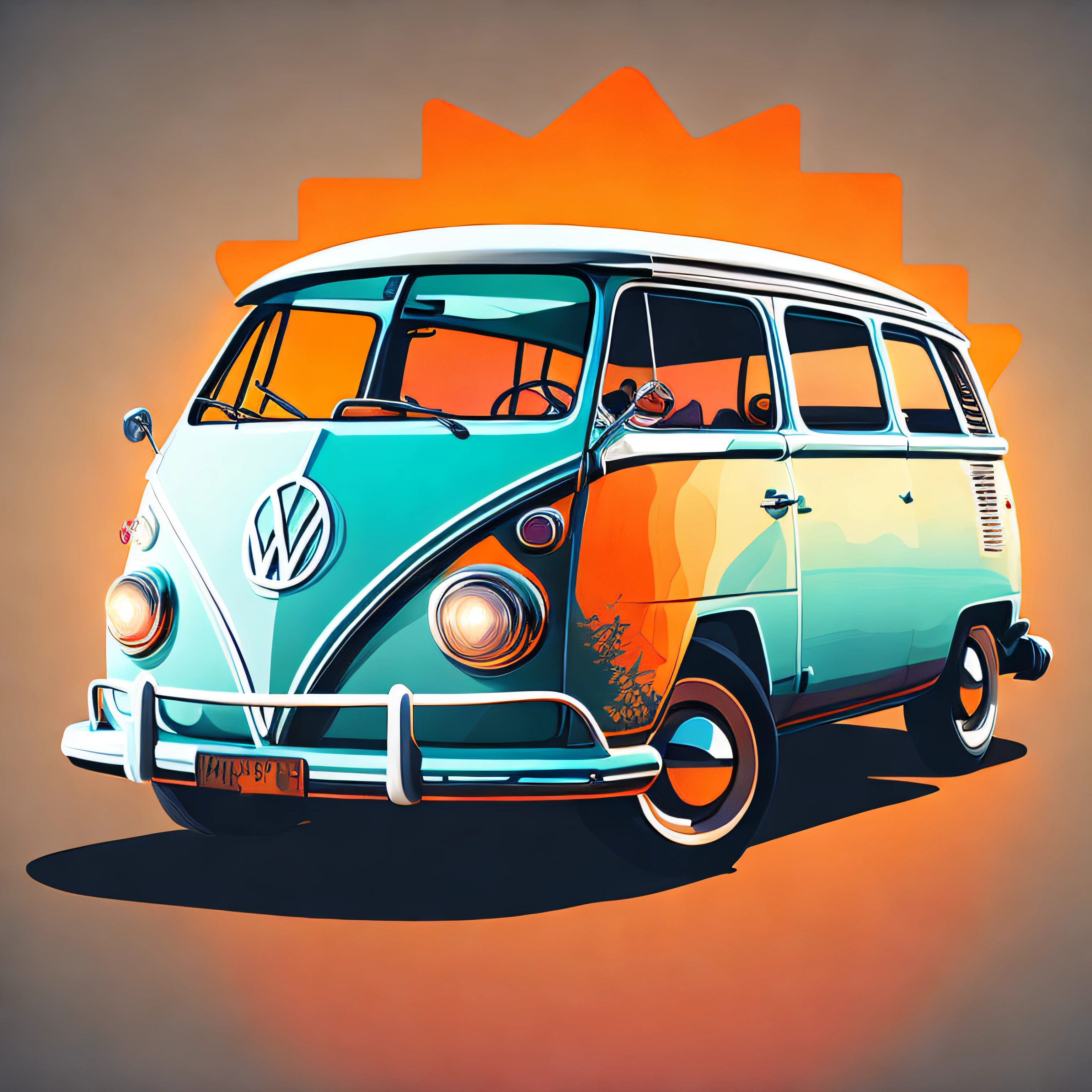 T-shirt graphic design art, a retro graphic design, Kombi, Volkswagem, Rua Miami, cor suave de quatro cores, tom pastel vintage, limpeza altamente detalhada, imagem vetorial, Obra-prima realista, fotografia profissional, carro realista, fundo simples do nascer do sol do carro, fundo preto plano, isometric, vetor vibrante