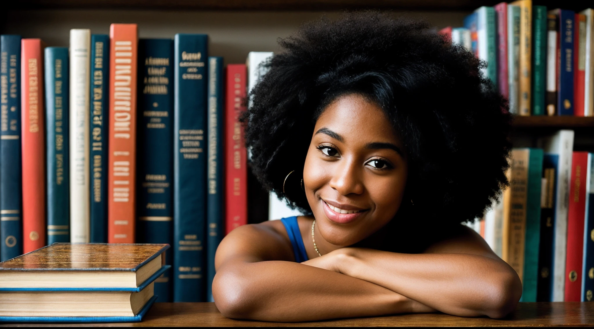 instagram photo, closeup face photo, An intimate portrait of an afro american woman surrounded by literary treasures, her eyes reflecting the joy of exploring new worlds through books, Canon EOS RP with 50mm f/1.8 lens, warm indoor lighting, contemplative literature photography.