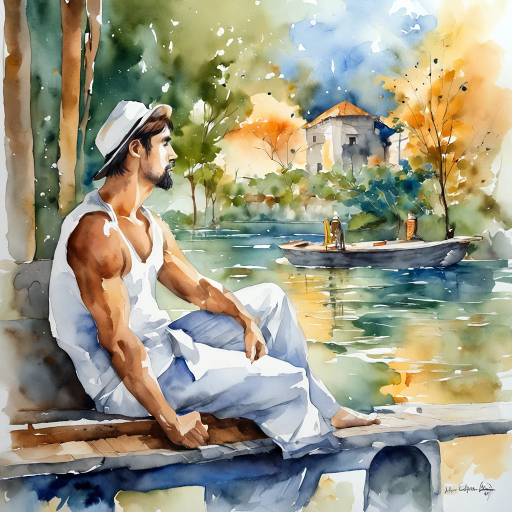 (((OilPaintStyle))), The simulation is delicate, Mysterious mood, Araved man, under the water, Float on the bench, Relax, Seated reflection, Blue background