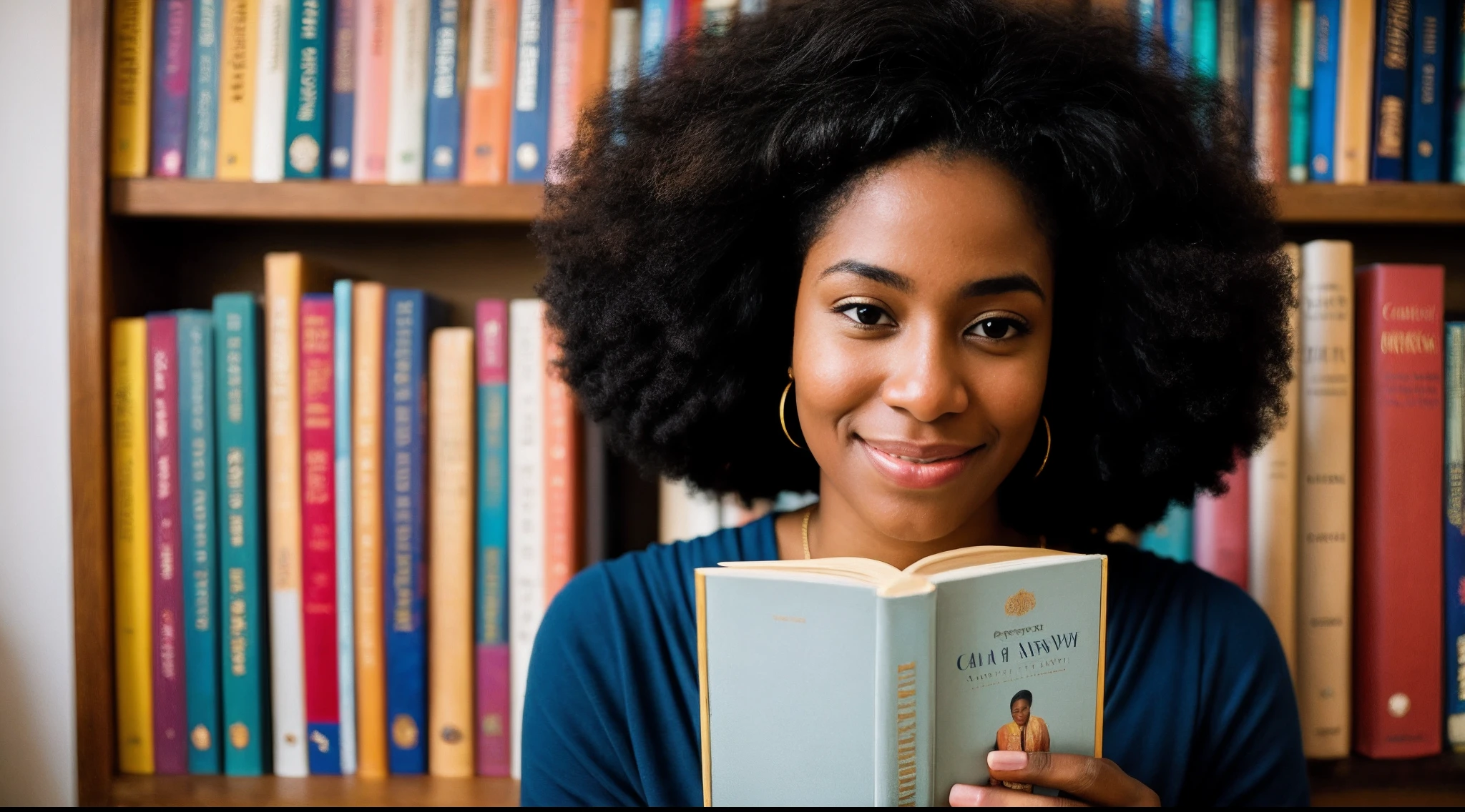 instagram photo, closeup face photo, An intimate portrait of an afro american woman surrounded by literary treasures, her eyes reflecting the joy of exploring new worlds through books, Canon EOS RP with 50mm f/1.8 lens, warm indoor lighting, contemplative literature photography.