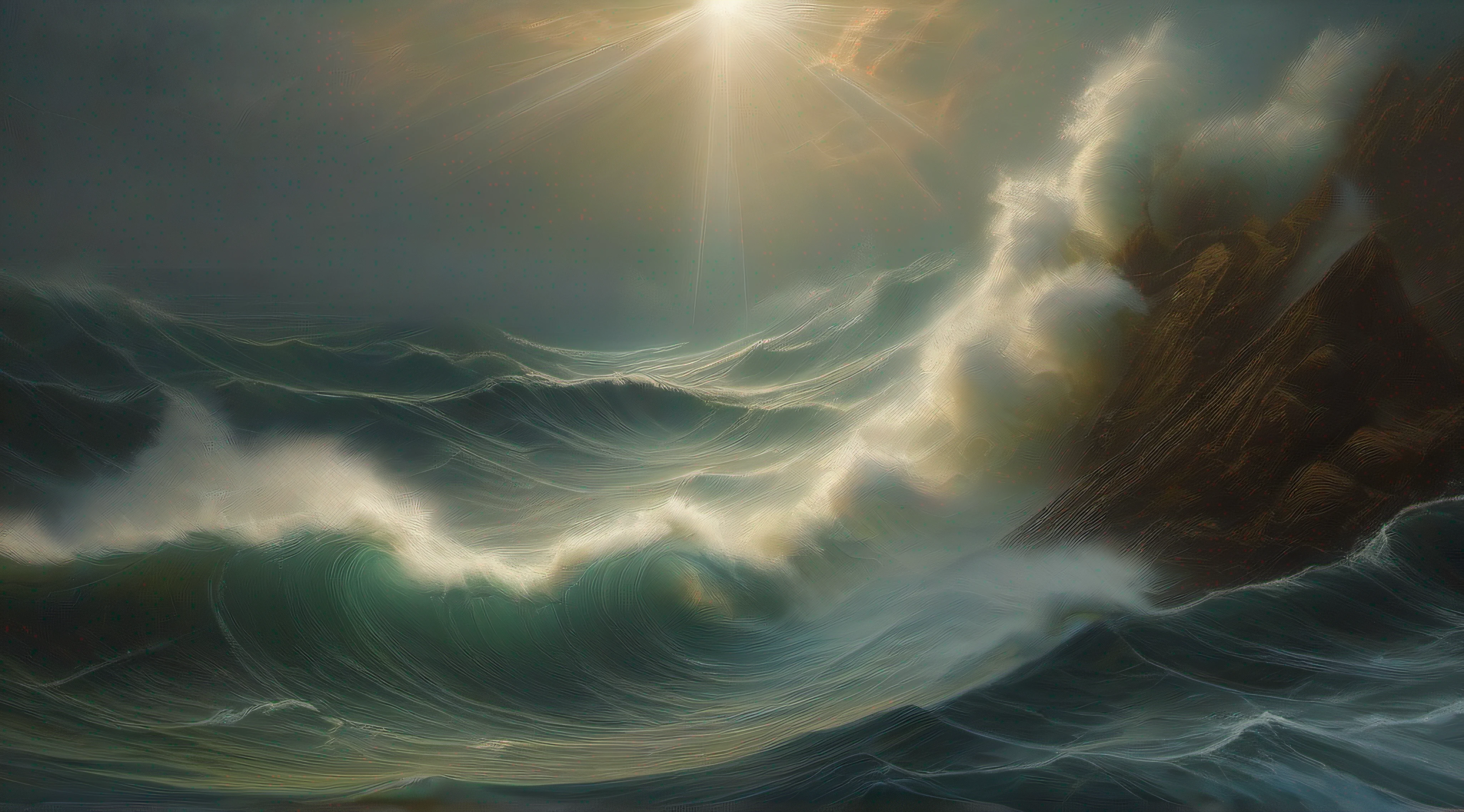 Em um dia chuvoso, uma tempestade se forma no oceano, com ondas imponentes e raios ardentes. No meio desse caos, Posseidon, o poderoso deus do mar, emerge das ondas, erguendo seu tridente. His perfectly symmetrical body and face embody divine majesty. The scene is a testament to the power of the elements, onde a natureza se curva perante o deus. A arte, em estilo da Vinci, captures the grandeur of a deity and the storm of his emotions