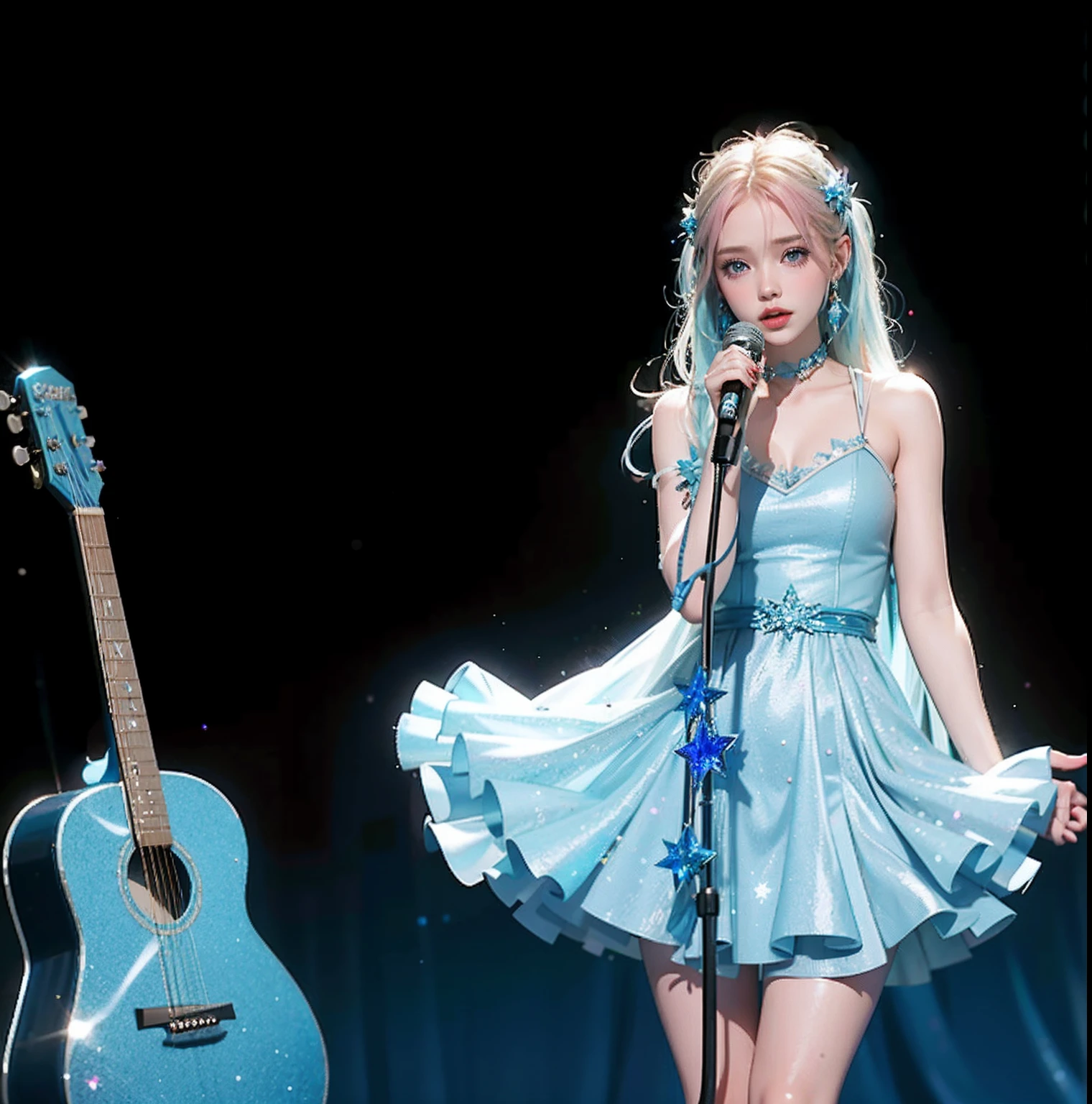 Arapei girl in blue dress sings into microphone, ellie bamber fairy, Performing on stage, icey blue dress, Execution, wearing a glittery dress, roseanne park of blackpink, jia, wearing a dress made of stars, sun yunjoo, tiffany style, playing guitar onstage, ((Supersaturation)), Fanart, diamond shimmering dress, Korean Idol