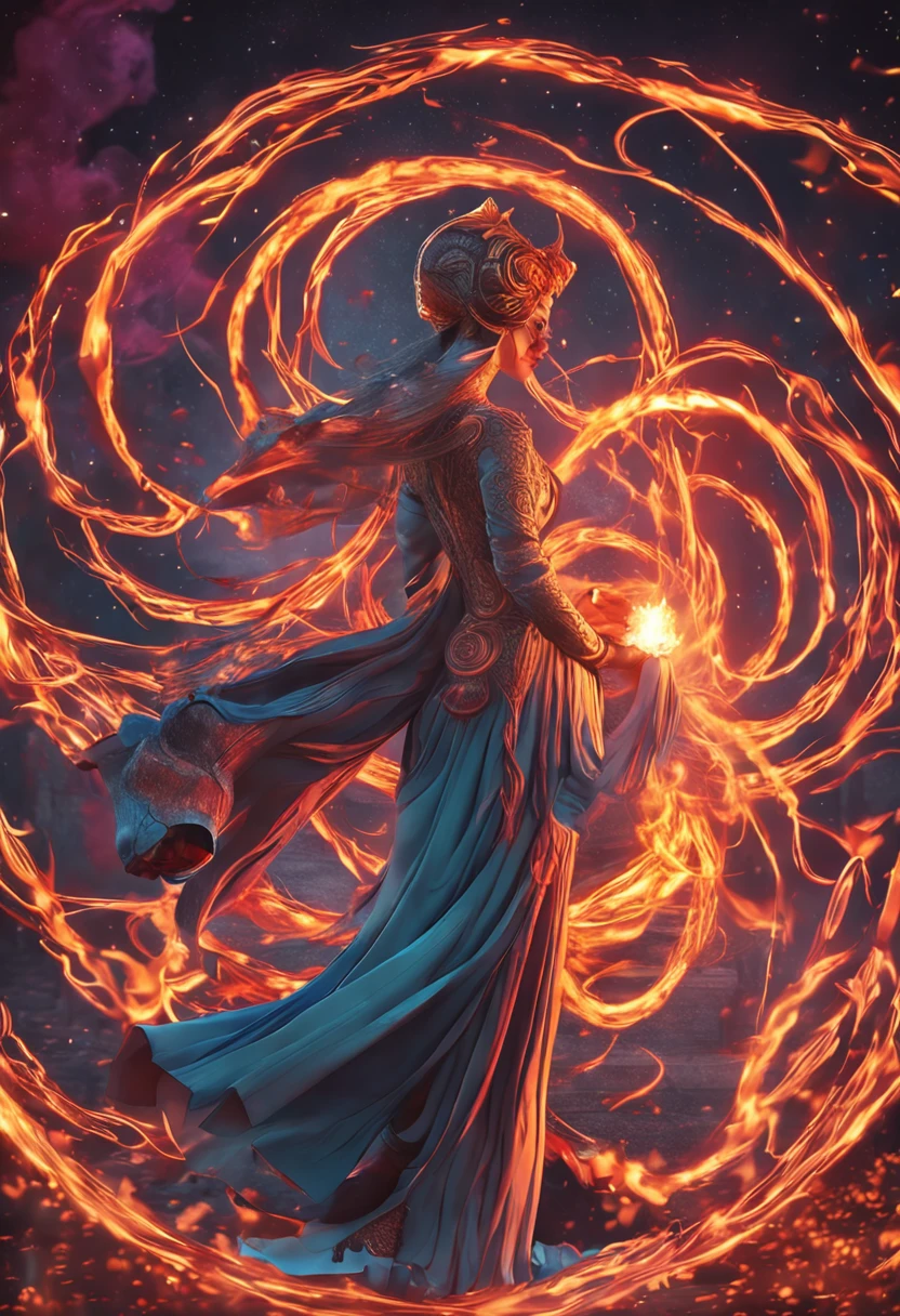 Flames spiraling around the body、wearing robe、Woman with Magic Wand、Shapely buttocks