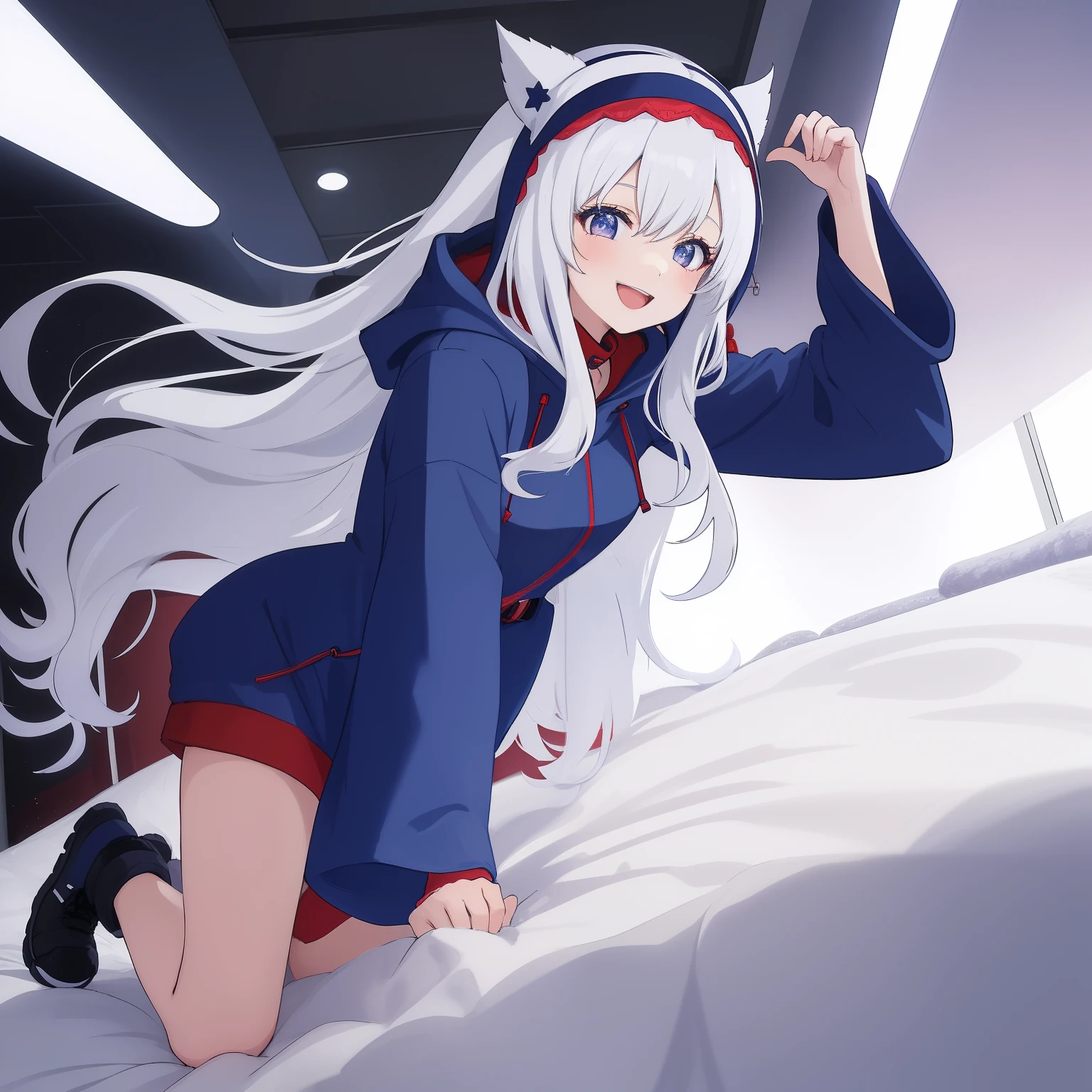 1 woman, fullbody, parka, parka dress, wide sleeves, loose parka, hood up, white hair, blue eye, long hair, happy, smile, 18 year old, dynamic angle, blue hairband, bed room, hentai, red necklace