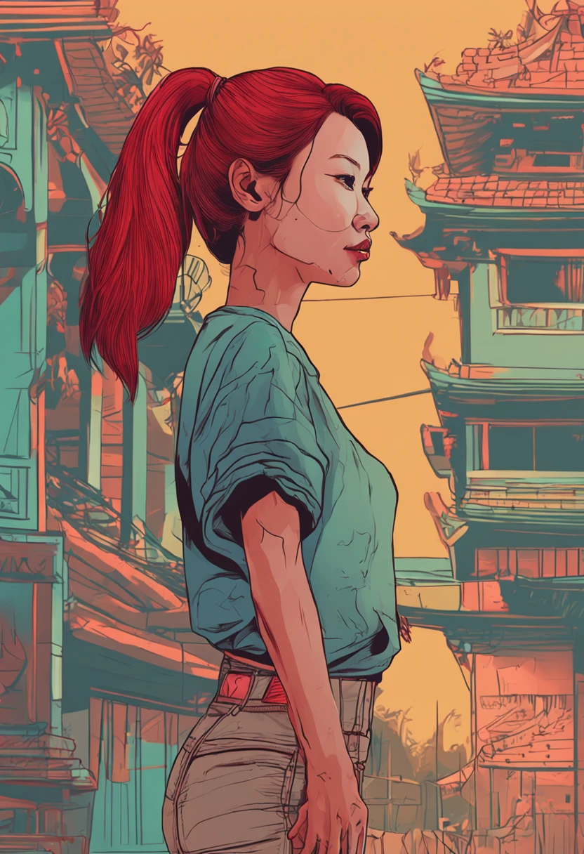 young skinny asian woman with red hair in a pony tail