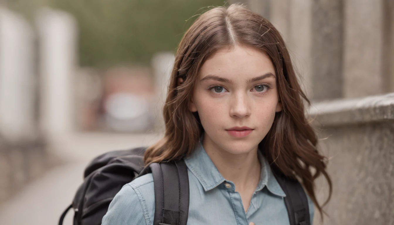 Medium shot of a curious and adventurous teenager, Alex, looking at the school from a distance.
Character: Alex - Wearing a backpack, curious expression, determined look.