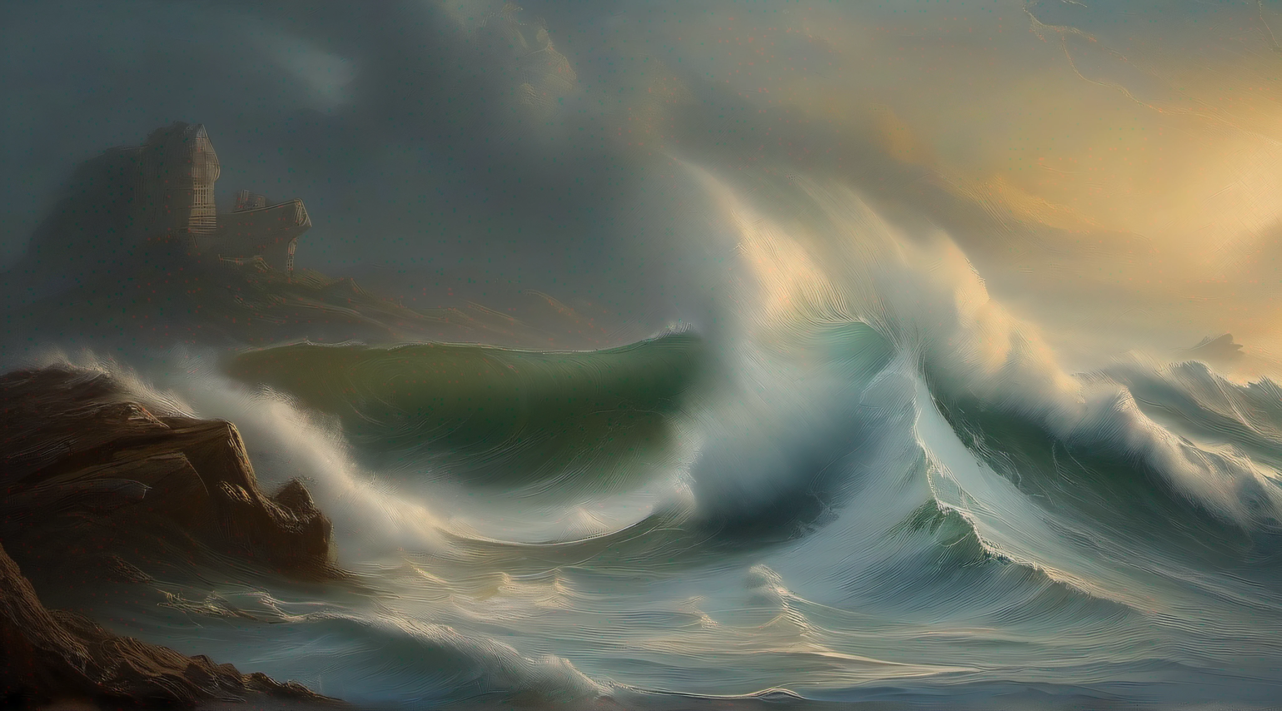 Em um dia chuvoso, uma tempestade se forma no oceano, com ondas imponentes e raios ardentes. No meio desse caos, Posseidon, o poderoso deus do mar, emerge das ondas, erguendo seu tridente. His perfectly symmetrical body and face embody divine majesty. The scene is a testament to the power of the elements, onde a natureza se curva perante o deus. A arte, em estilo da Vinci, captures the grandeur of a deity and the storm of his emotions