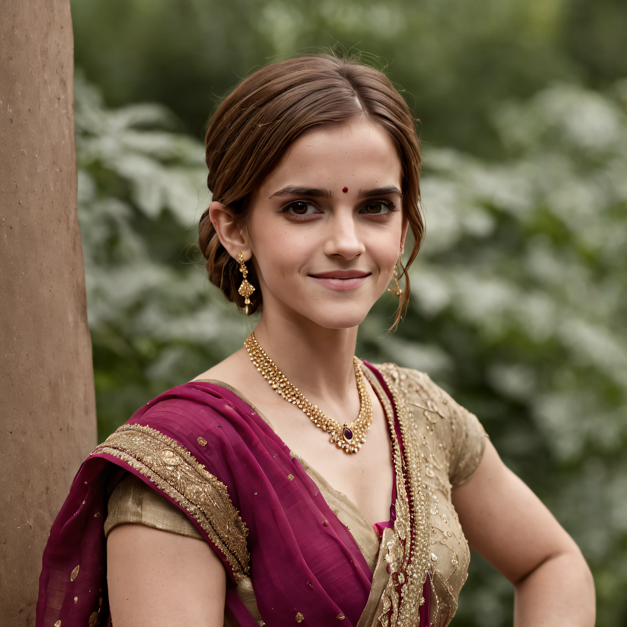 "Emma Watson, in her 30's, donning an exquisite Indian saree, showcasing intricate details from head to toe. She radiates a charming smile with a hint of shyness, accentuating every facet of her beauty, adorned with elegant jewelry."