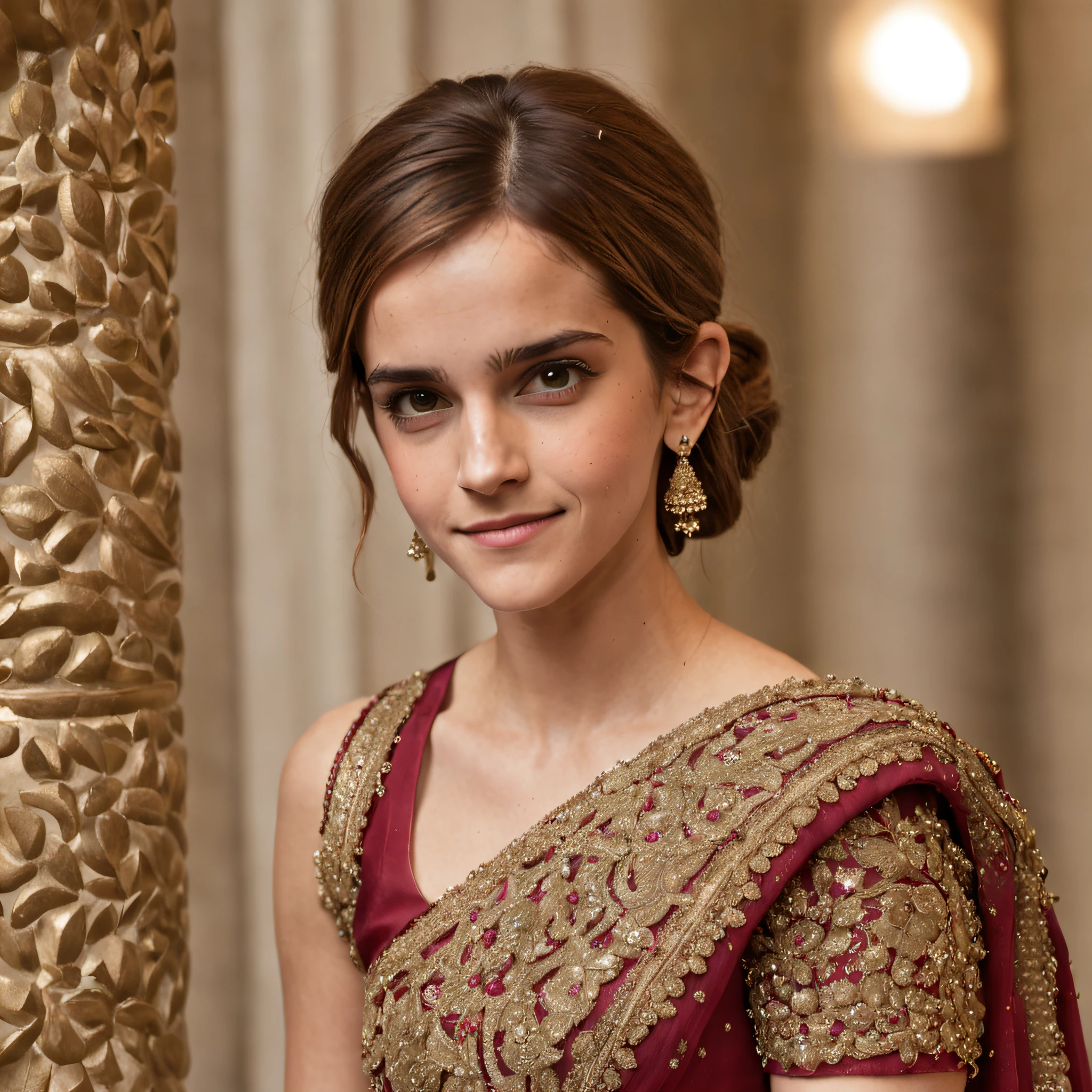 "Emma Watson, in her 30's, donning an exquisite Indian saree, showcasing intricate details from head to toe. She radiates a charming smile with a hint of shyness, accentuating every facet of her beauty, adorned with elegant jewelry."