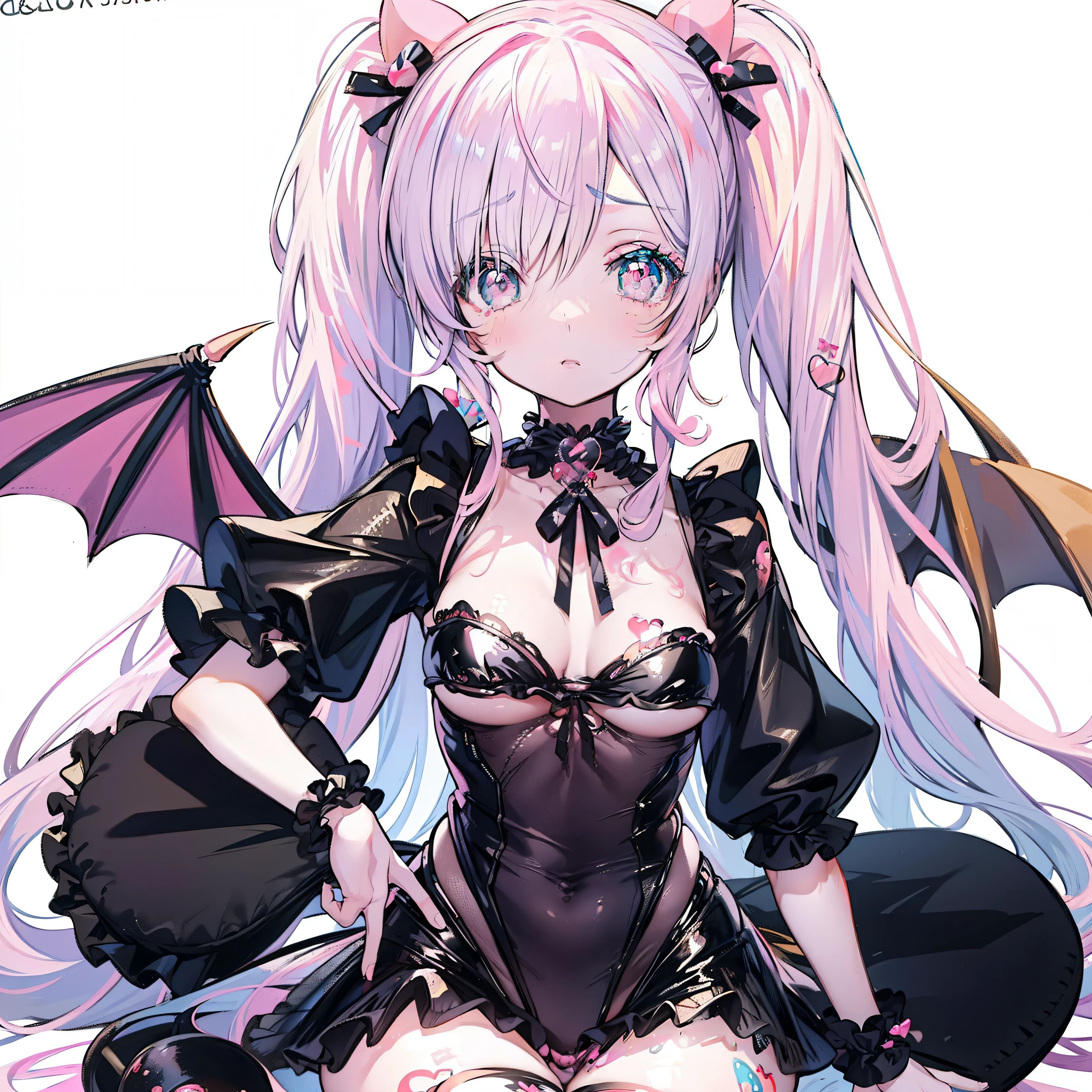 best softness:1.2),(cute illustration:1.2), (decora accessories:1.4), (succubus:1.3), demon beautiful long hair, detailed outfit, red eyes , hot pink hair , twintail , black outfit wit pink ribbon  (white fishnets:1.2)