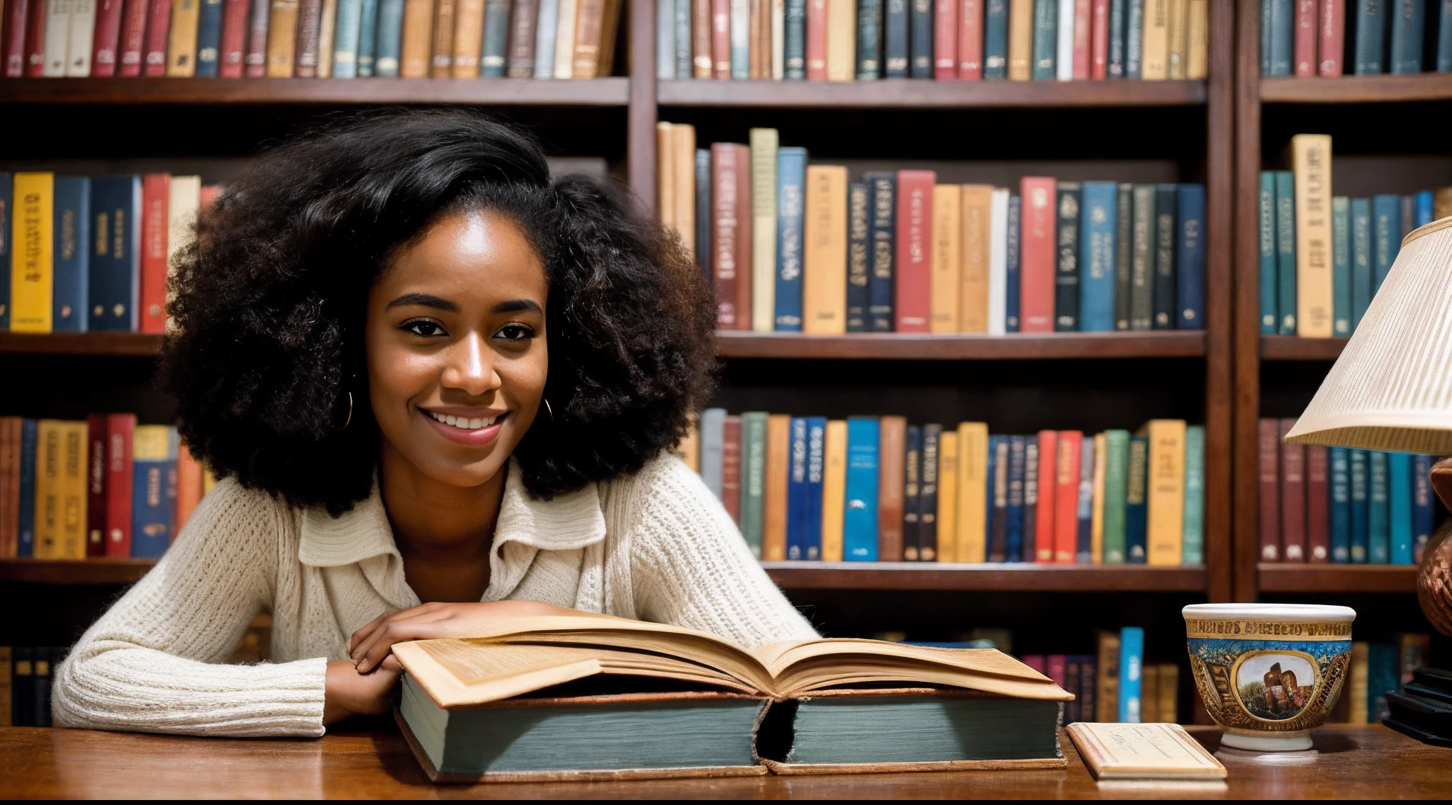 instagram photo, An intimate portrait of an afro american woman surrounded by literary treasures, her eyes reflecting the joy of exploring new worlds through books, Canon EOS RP with 50mm f/1.8 lens, warm indoor lighting, contemplative literature photography.