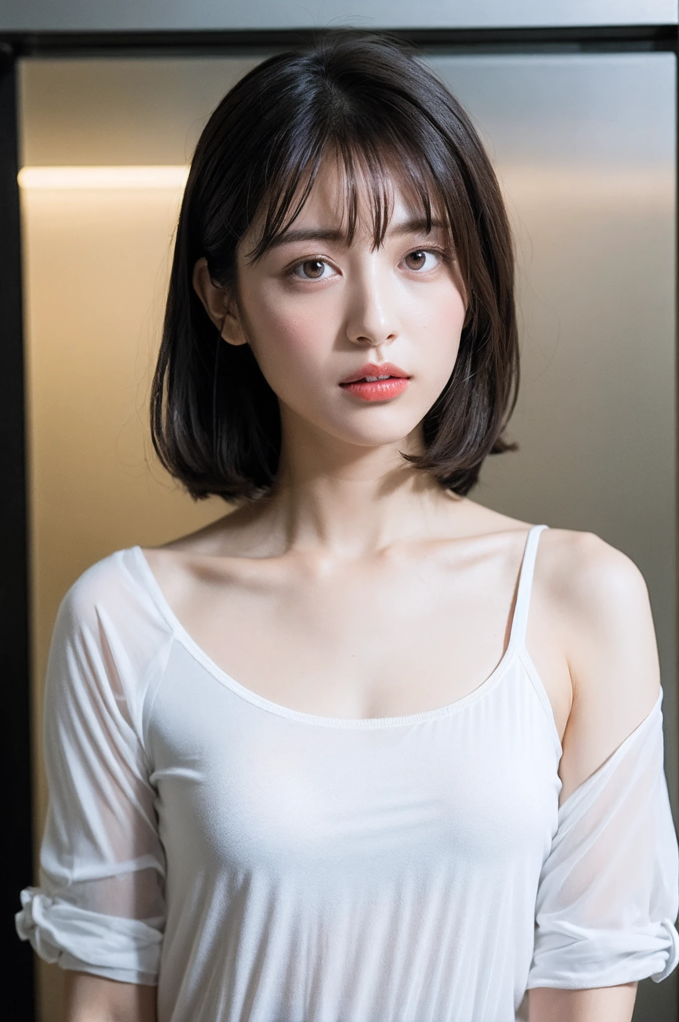 ((8K:1.27)、HighestQuality、巨作、UltraHighResolution:1.2)Photo Beautiful Chinese Woman(pleasing:1.1) (White shirt:1.21) Design by Gregg Lutkowski and Alphonse Mucha Intricate Elegance、Fantasia、detail、Geometry、Gradient lighting、1girls、Delicate skin、looking at the viewers、brown eyess、(short hair with bangs:1.2)、(medium chest:1.0)、(medium areola:0.8)、(Realstic:1.4)、(HighestQuality:1.0)、(UltraHighResolution:1.0)、8K、RAW Photography、(巨作:0.2)、(pureerosface_v1:0.5)、 camisole、s Office、Inside the elevator、Be proud、