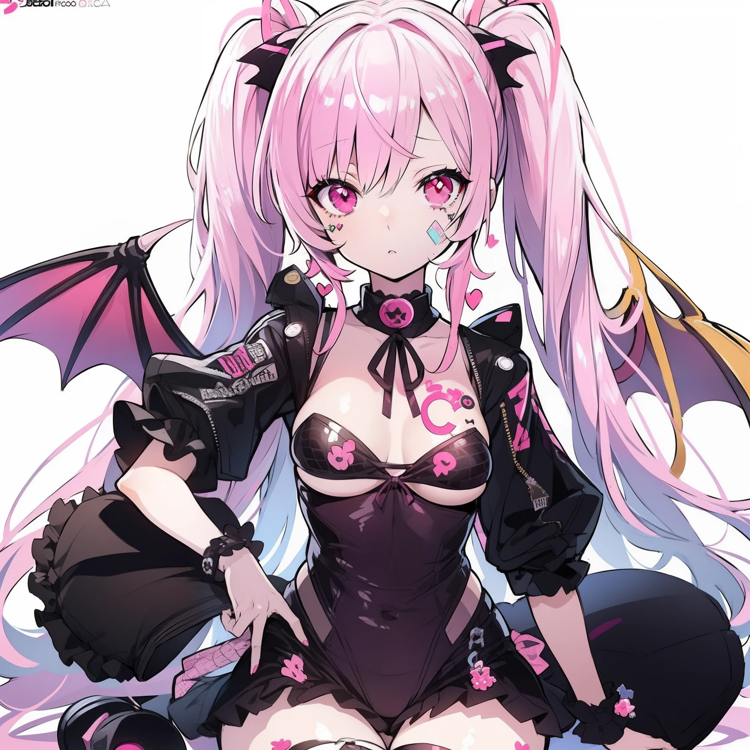 best softness:1.2),(cute illustration:1.2), (decora accessories:1.4), (succubus:1.3), demon beautiful long hair, detailed outfit, red eyes , hot pink hair , twintail , black outfit wit pink ribbon  (white fishnets:1.2)