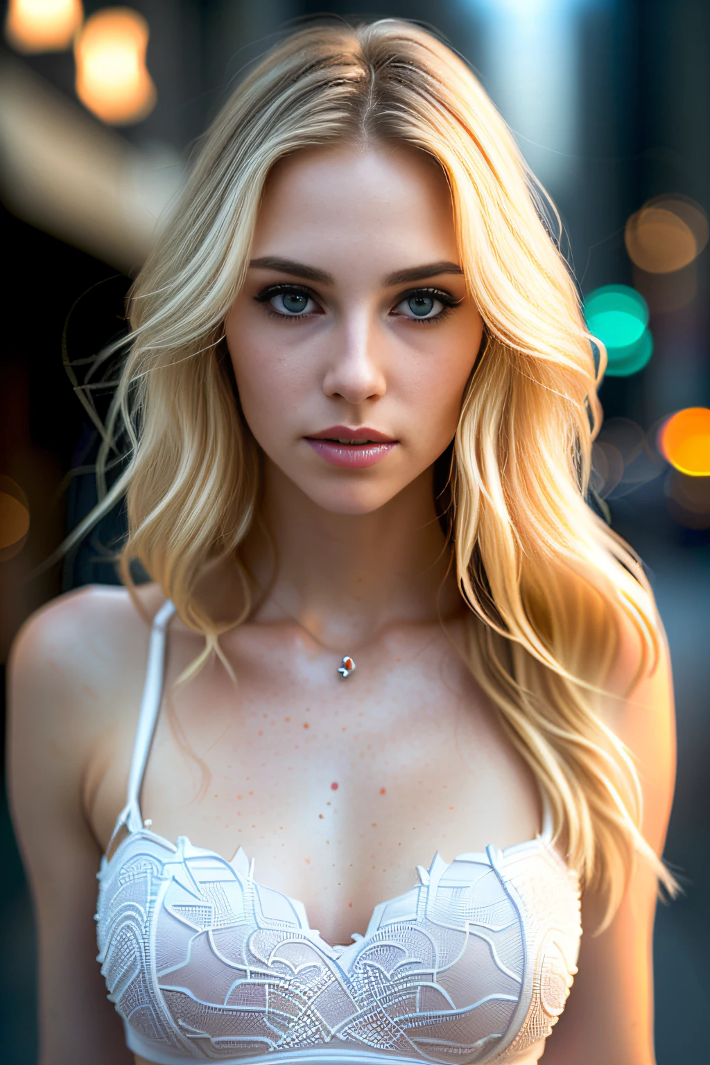 gorgeous woman with extra long wavy blonde hair, detailed alluring eyes, long  legs, wearing tiny shorts, t-shirt, ((detailed facial features)), (finely detailed skin), pale skin, realistic skin texture, extreme skin details, (pores:0.1), in the background beautiful futuristic cyberpunk city, best quality masterpiece, photorealistic, hyperrealistic, detailed, 8k, HDR, (Soft color: 1.2), shallow depth of field, broad light, high contrast, backlighting, bloom, light sparkles, chromatic aberration, sharp focus, RAW color photo