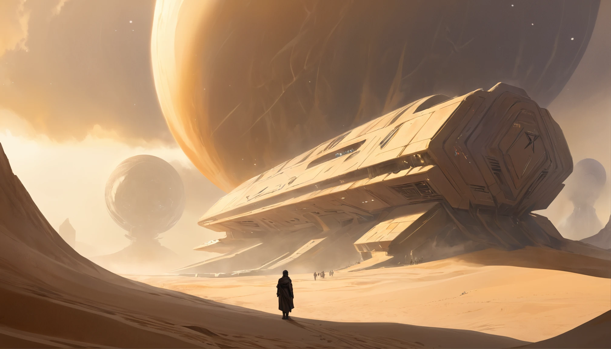 Dune concept art,Clean and neat tones,Sci-fi base scene,Huge scene,Square-shaped complex,Soviet aesthetic architecture,huge buildings,There are many ships in the air,Size contrast,crowd of,Soldiers versus soldiers,Big scenes of war,smog,epic concept art,Fine 8K,vray,Wasteland Science Fiction
