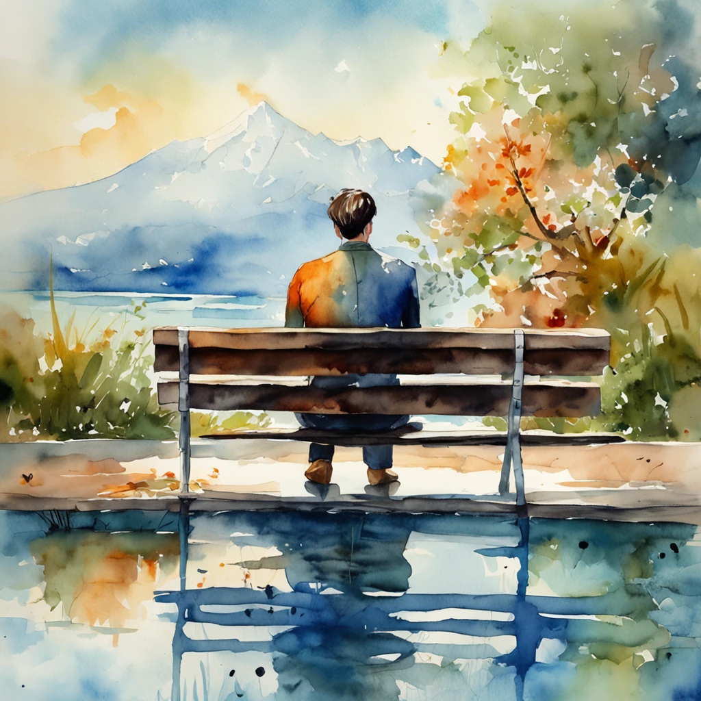 (((OilPaintStyle))), The simulation is subtle, Mysterious mood, Araved young man, Under the water, Float on a bench, Relax, Seated reflection, Blue background,In the distance are mountains and cities