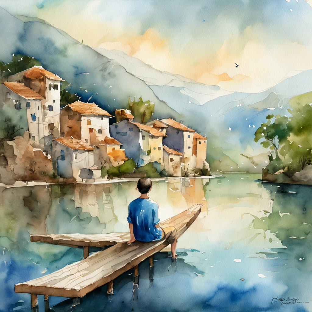 (((OilPaintStyle))), The simulation is subtle, Mysterious mood, Araved young man, Under the water, Float on a bench, Relax, Seated reflection, Blue background，In the distance are mountains and cities