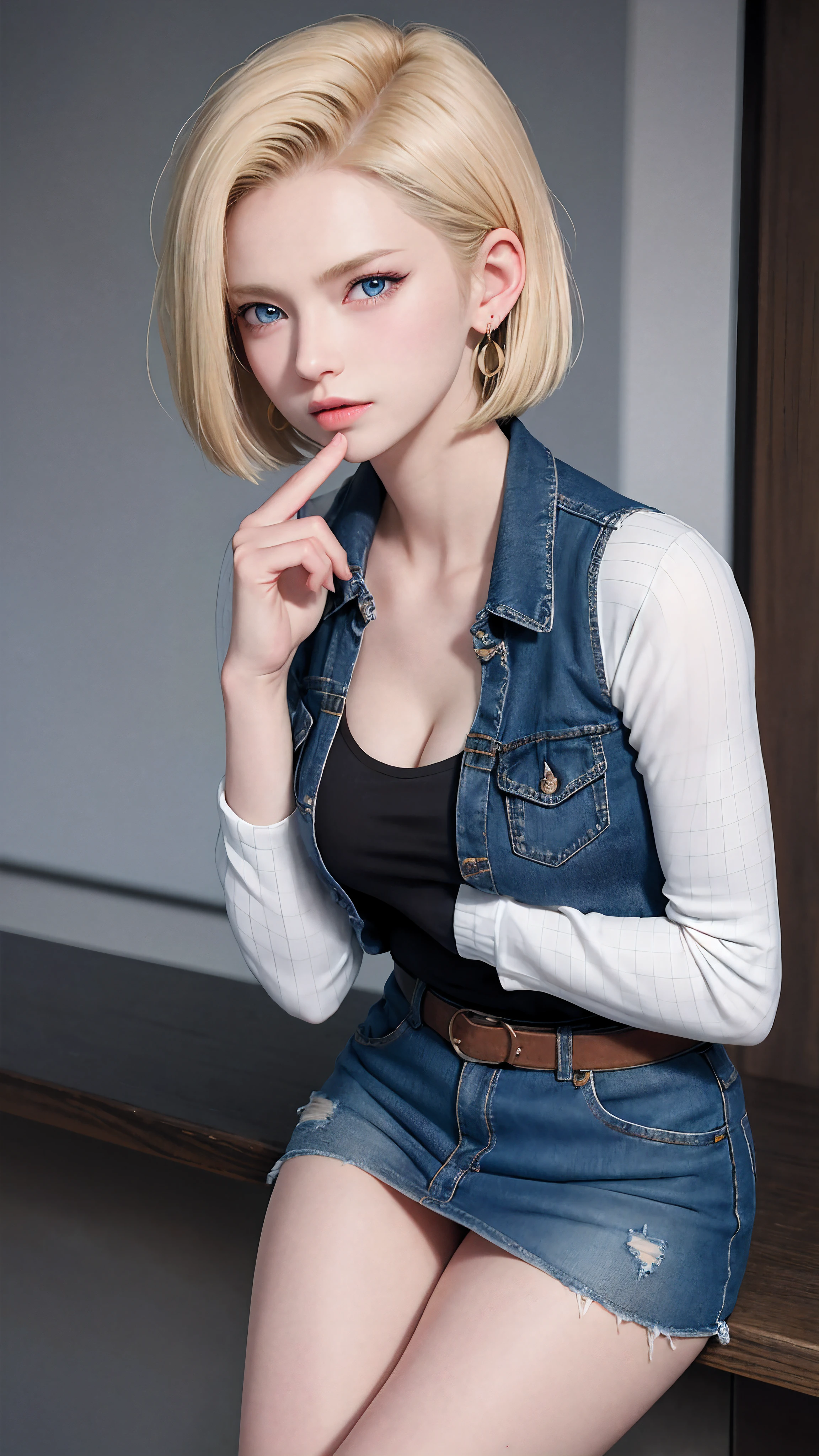 Android 18, Blonde hair, Blue eyes, eyeslashes, hoop earings, Short hair, earring
bring, black sock, Black shirt, breast pocket, cleavage, 鎖骨, Denim, Denim skirt, high waisted skirt, jewelry, Long sleeves, Pocket, shirt, shirt tucked in, Skirt, streaked, Striped sleeves, waistcoat,