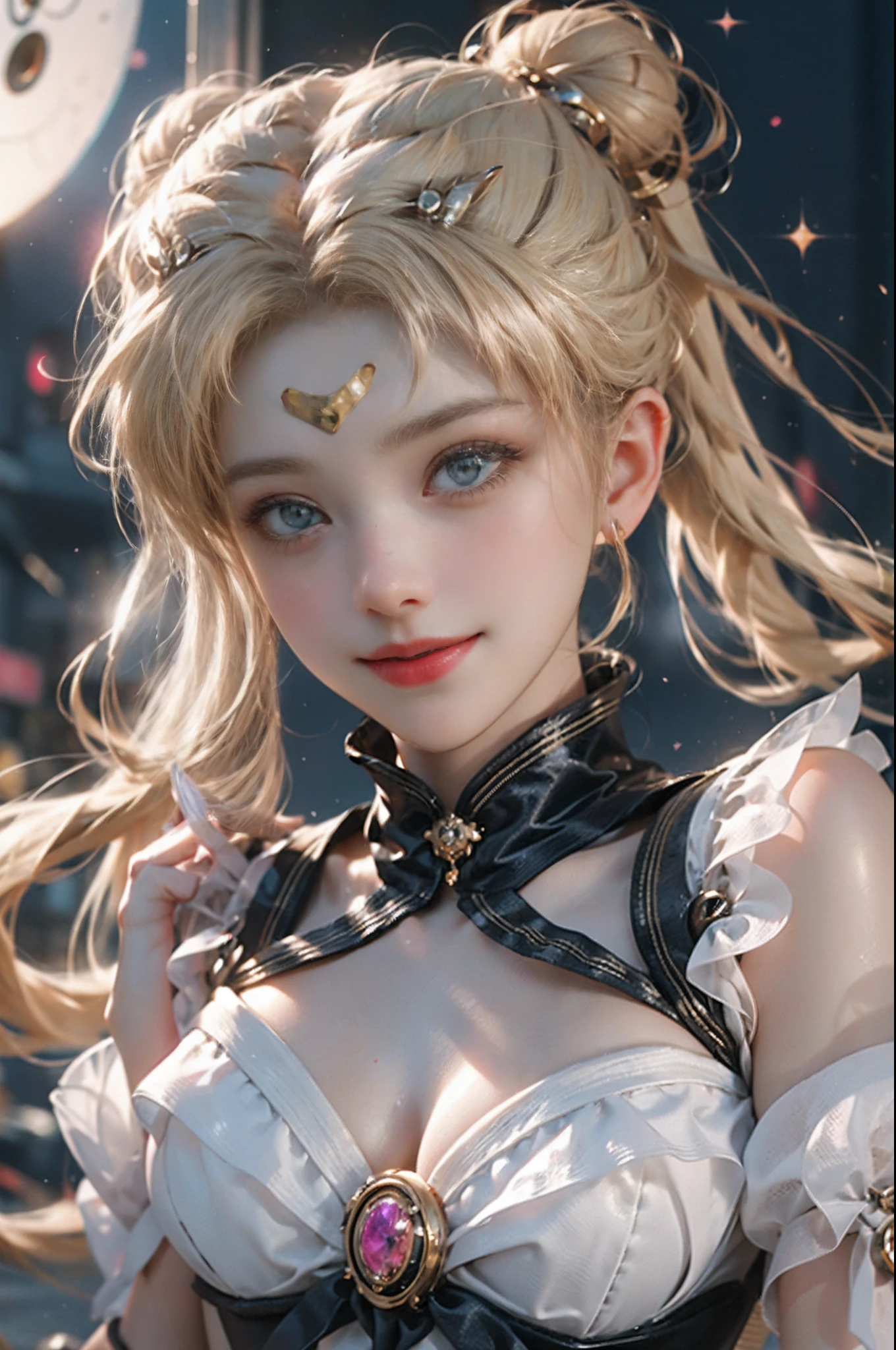 a professional movie photograph of, woman in a pixar-style sailor moon, in the style of luminous 3d objects, she has a cartoon smile, with lit eyes, white skin and rosy cheeks, a winning photograph from the society, blonde hair, dorne, very bright and shiny blonde hair, iridescence/opalescence, glitter, highly detailed photorealistic, 16k --expressive style --niji 5, best quality, high quality, highly detailed, 8k