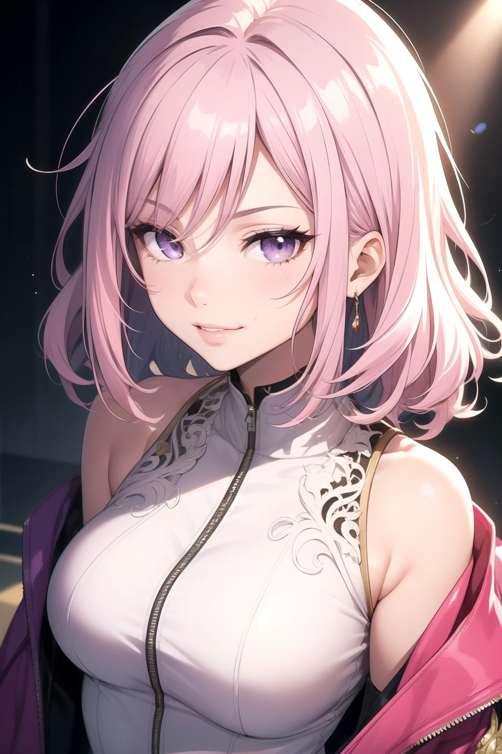 (masterpiece, best quality), intricate details, thin, ((slim)), beautiful girl, Light pink hair, white skin, light purple eyes, sharp jawline, cropped jacket, messy hair, plump lips, upper body, close up, smirk