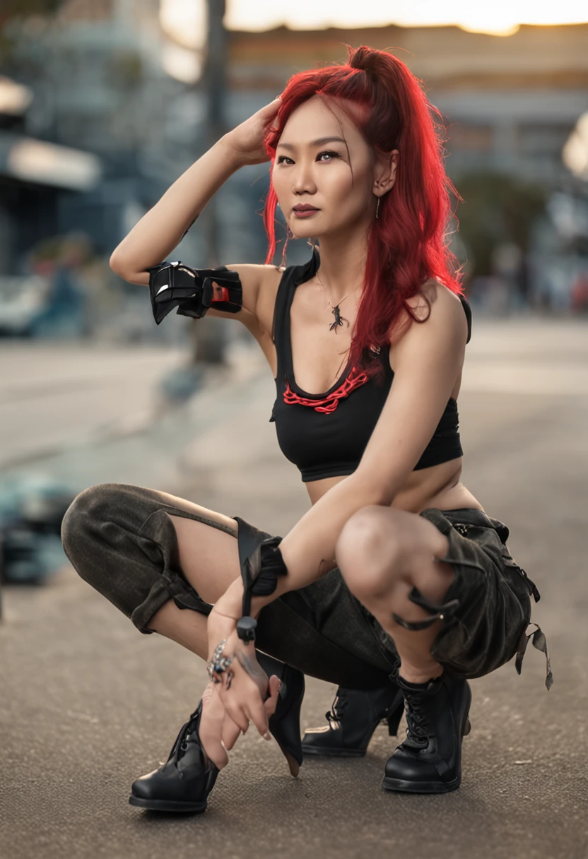 skinny asian woman with large breasts and red hair worn pig tails wearing black cargo pants, high heals and a micro bikini top