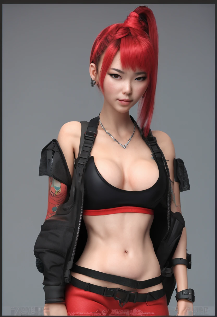 skinny asian woman with large breasts and red hair worn pig tails wearing black cargo pants, high heals and a micro bikini top