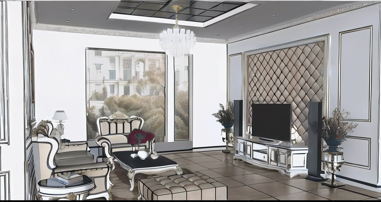 a drawing of a living room with a television and a couch, interior living room, living room interior, in style of 3d render, living room, living room interior design, highly detailed interior, interior of a living room, interior architecture view, lounge room, neo - classical style, an interior of room, popular interior design style, neoclassical style, detailed rendering