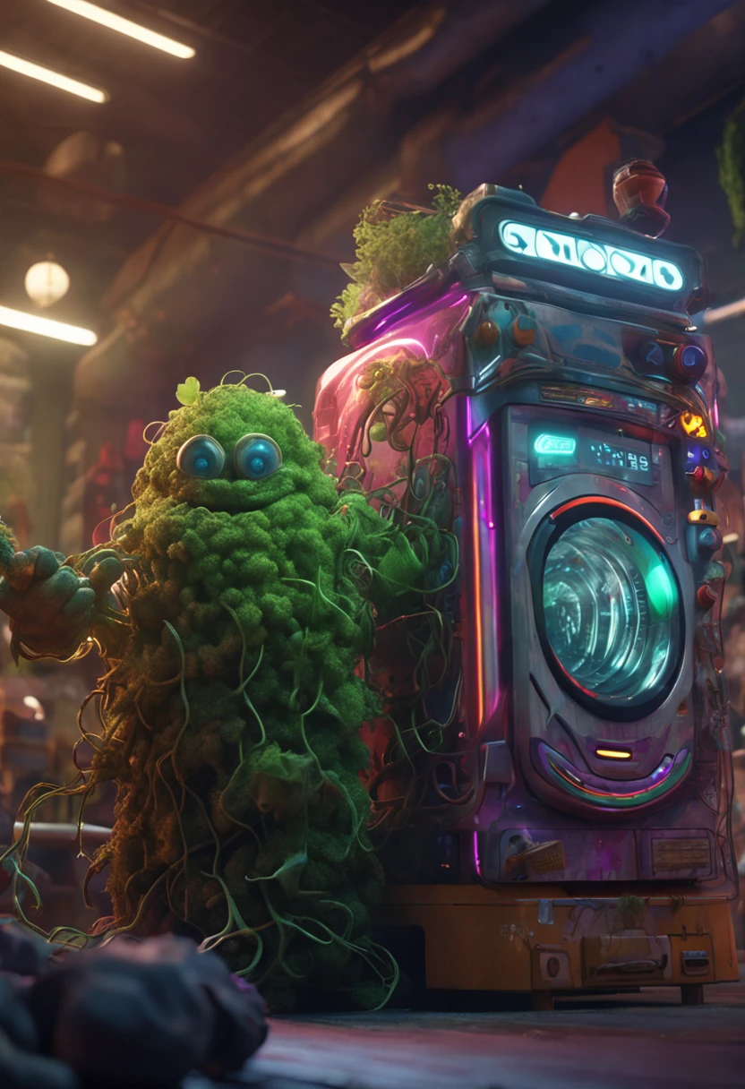 character made of weed, pot, action-pack, full-length, an ornate washing machine with ((angry face and arms)), in action, high speed blur, whimsical magic, beautiful lighting, Cinematic, insane details, intricate details, beautifully color graded, Unreal Engine, creative, expressive, detailed, colorful, stylized anatomy, digital art, unique, well-developed concept, distinct personality, consistent style, HW*