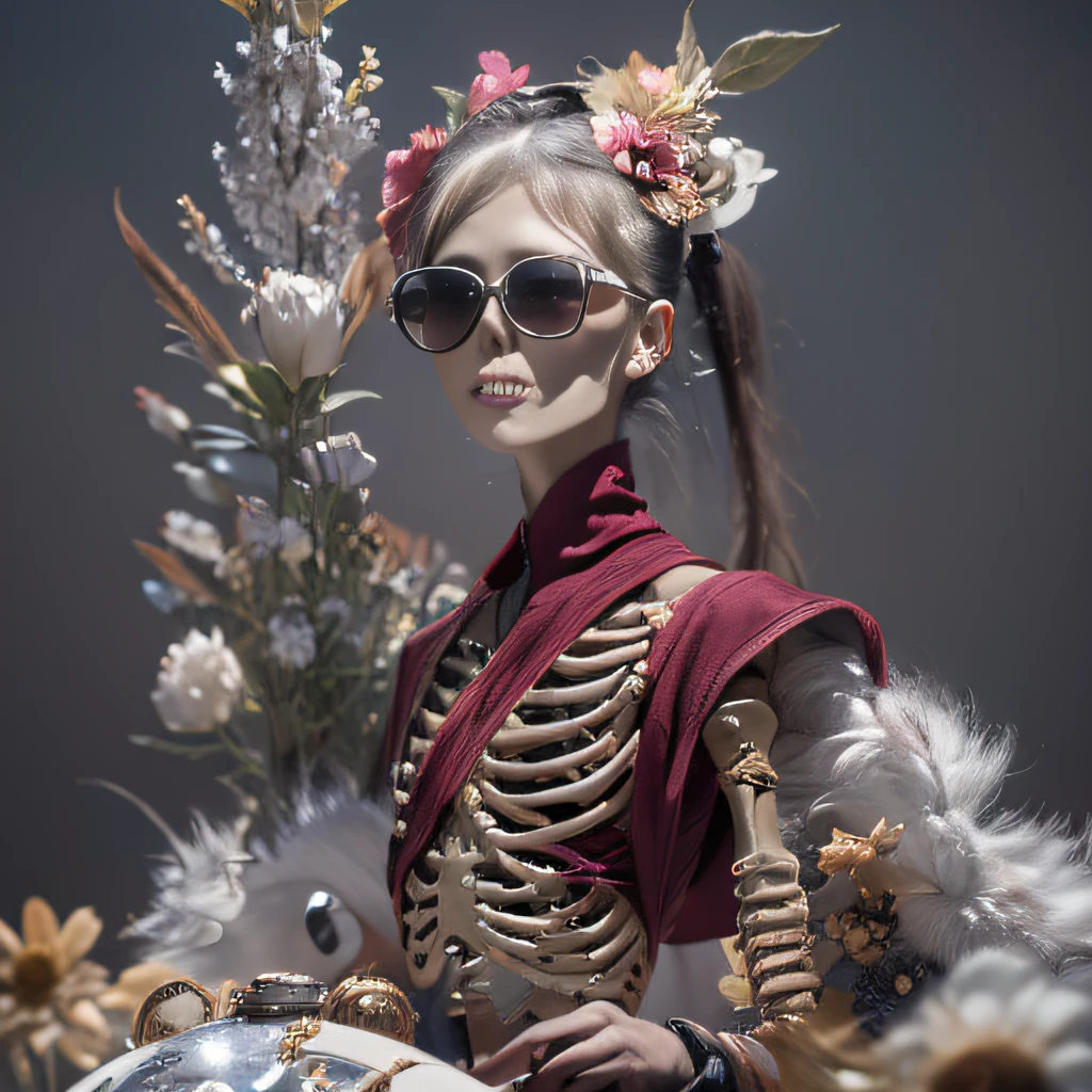 photograph of 48-year-old with short, spiky grey hair, mischievous eyes, infectious laugh, colorful attire wearing <lora:Latex_Skeleton_Bones_Dress_By_Stable_Yogi:0.7> ((skeleton-bones-design) black-latex-dress), heels, full-body-photo <lora:psychedelic-landscape:0.2> poster, psychedelic landscape, olan mills photography