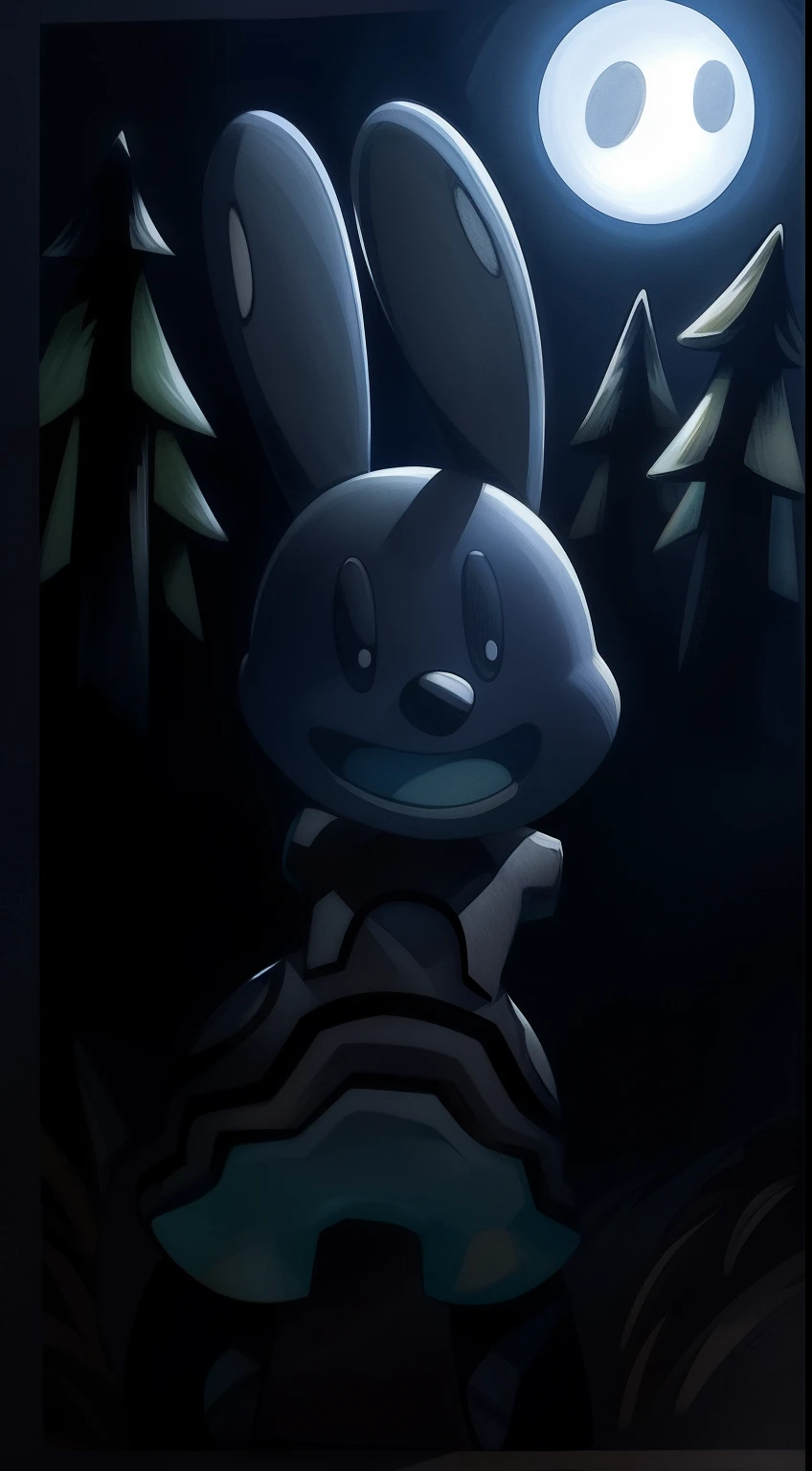 Oswald, armless, missing arms, no arms, black eyes, big and wide mouth, agape, white polka dots on ears, full body, happy expression, expressive, dynamic angle, forest, moonlight, detailed art, intricate details