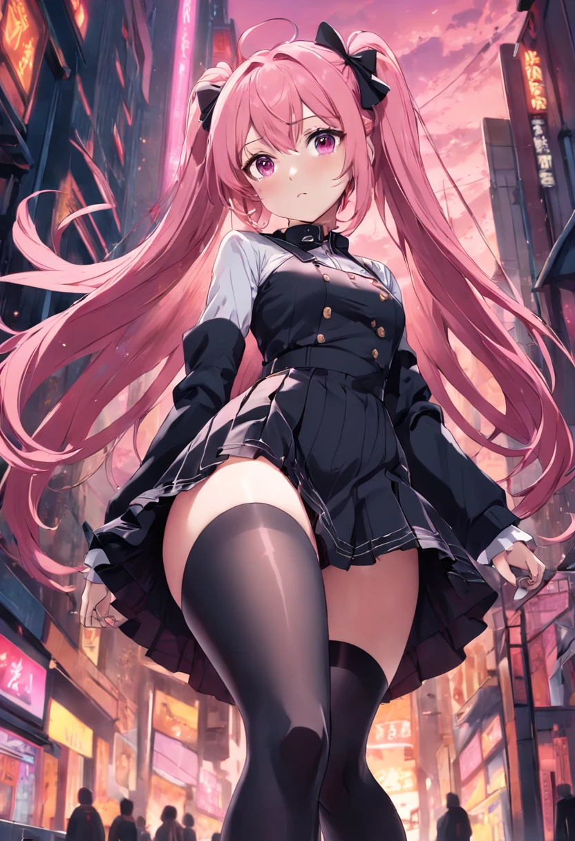 Long legs, black stockings, pink hair