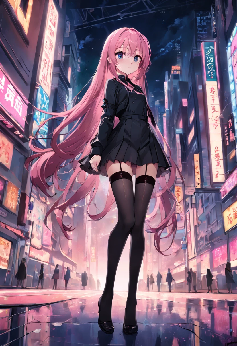Long legs, black stockings, pink hair