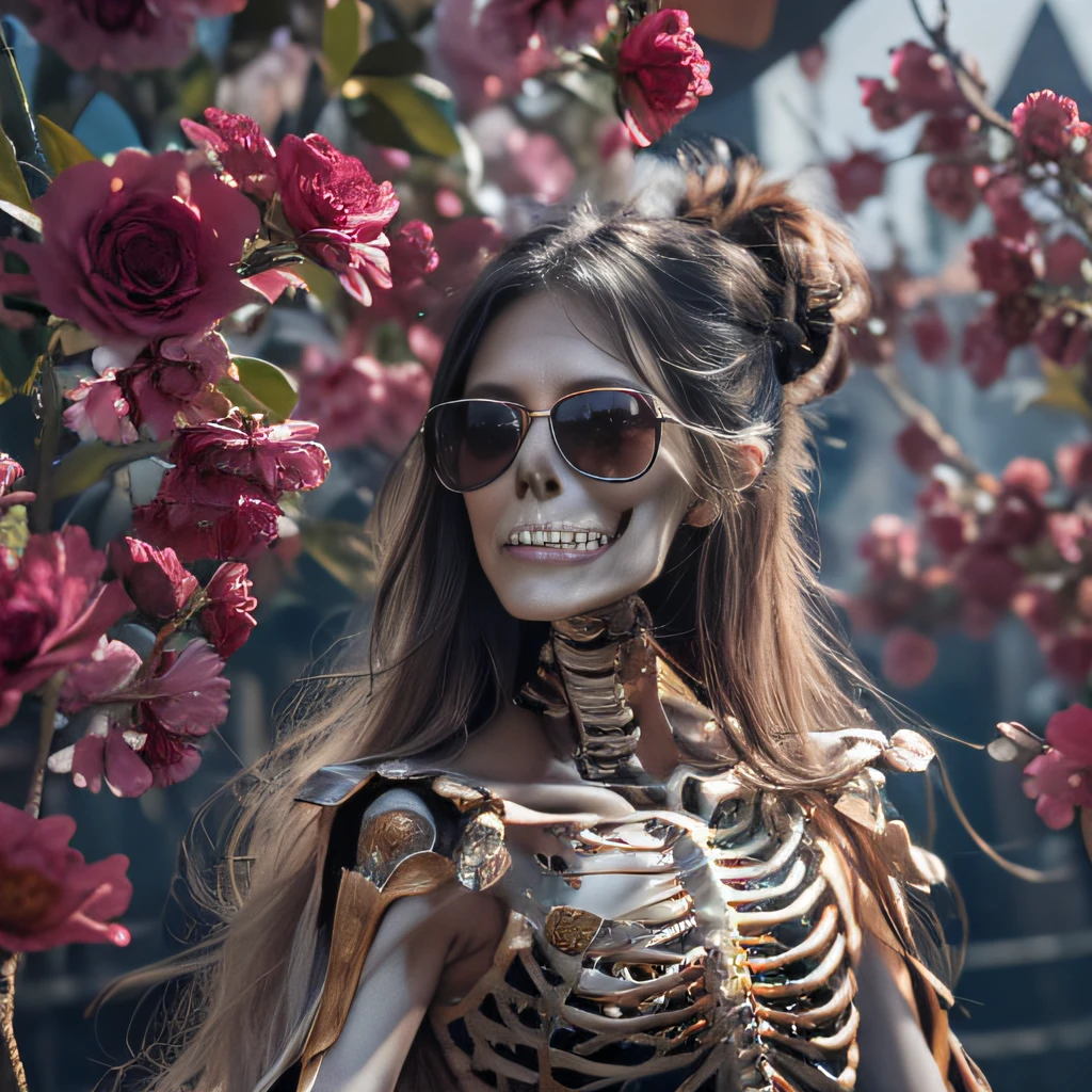 near pond,32K(tmasterpiece,k hd,hyper HD,32K)Burgundy double ponytail,flower stick,Indigo Skull King ,Hold the big G steering wheel (The skeleton is realistic:1.4),Python pattern robe,Silver skull flower ornaments,Sargin linen cloak,Petals flutter,Snow red marble sunglasses,Hold your head high,Be proud,The nostrils look at people, A high resolution, the detail, RAW photogr, Sharp Re, Nikon D850 Film Stock Photo by Jefferies Lee 4 Kodak Portra 400 Camera F1.6 shots, Rich colors, ultra-realistic vivid textures, Dramatic lighting, Unreal Engine Art Station Trend, cinestir 800,Hold your head high,Be proud,The nostrils look at people,Tsundere,Petals flutter,Petals flutter,Sprinkle with gold dust,Fluttering,Impeccable,( reasonable design, Clear lines, High sharpness,Best quality, Very detailed skeleton, The skeleton of a masterpiece, offcial art, movie light effect, 4K skeleton(((Snow red marble sunglasses)))Snow red marble sunglasses