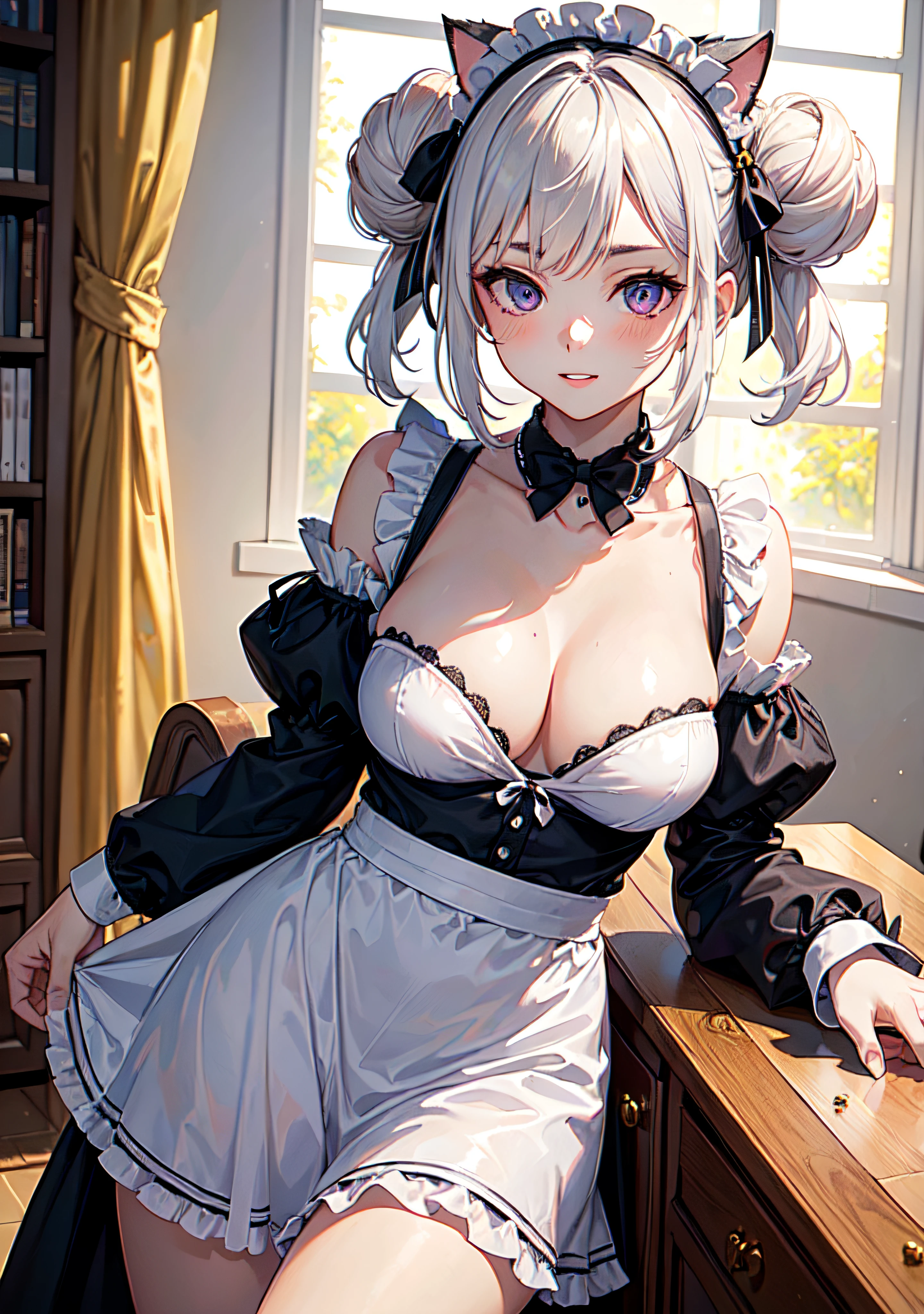 ((((masterpiece, best quality, high resolution)))), 1girl, white hair, purple eyes, short wavy hair, average breasts, blush, light smile, parted lips, glow, thighs, bare shoulders, collarbone, narrow waist, cleavage, (beautiful detailed face, beautiful detailed eyes), long slender thighs, perfect eyes, (cat ears, maid outfit, maid apron), big boob, double bun