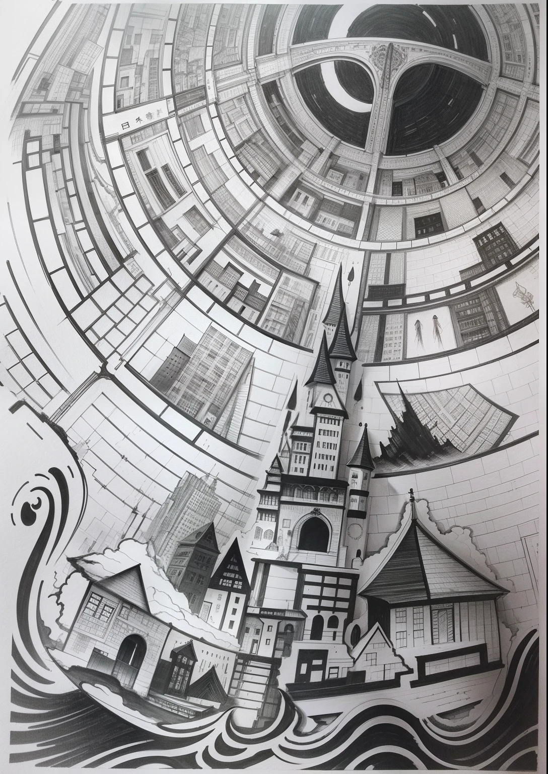 Draw a black and white picture of the city,Detailed ink diagram,Ink artwork,Pen and ink on paper,Ink on paper,Ink painting,Ink painting,pen and ink,ink and pencil,Pen and ink doodles,Pen and ink work。Clear focus,Expressive lines,Extremely fine ink lines,Good rendering with hyper-contrast