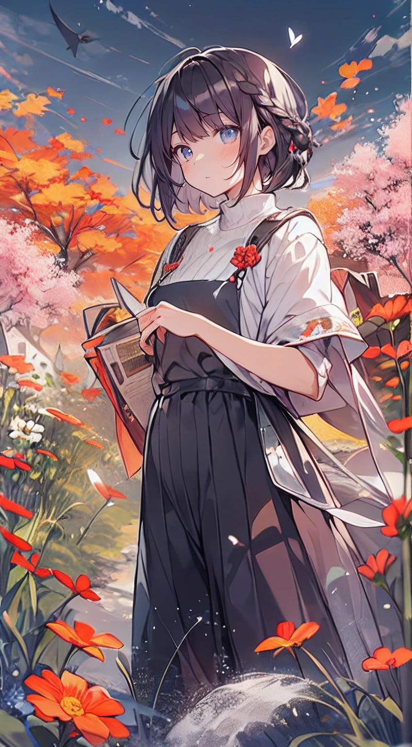 masutepiece, Best Quality,Illustration, Wallpaper, Ultra Detail, Absurd beauty、1 beautiful girl、 (Medium Short-Cut Hair、short braided hair), Beautiful ultra-detailed eyes , Hair fluttering in the wind、Keep your head small、flower field、great outdoors、Landscape of the flower garden