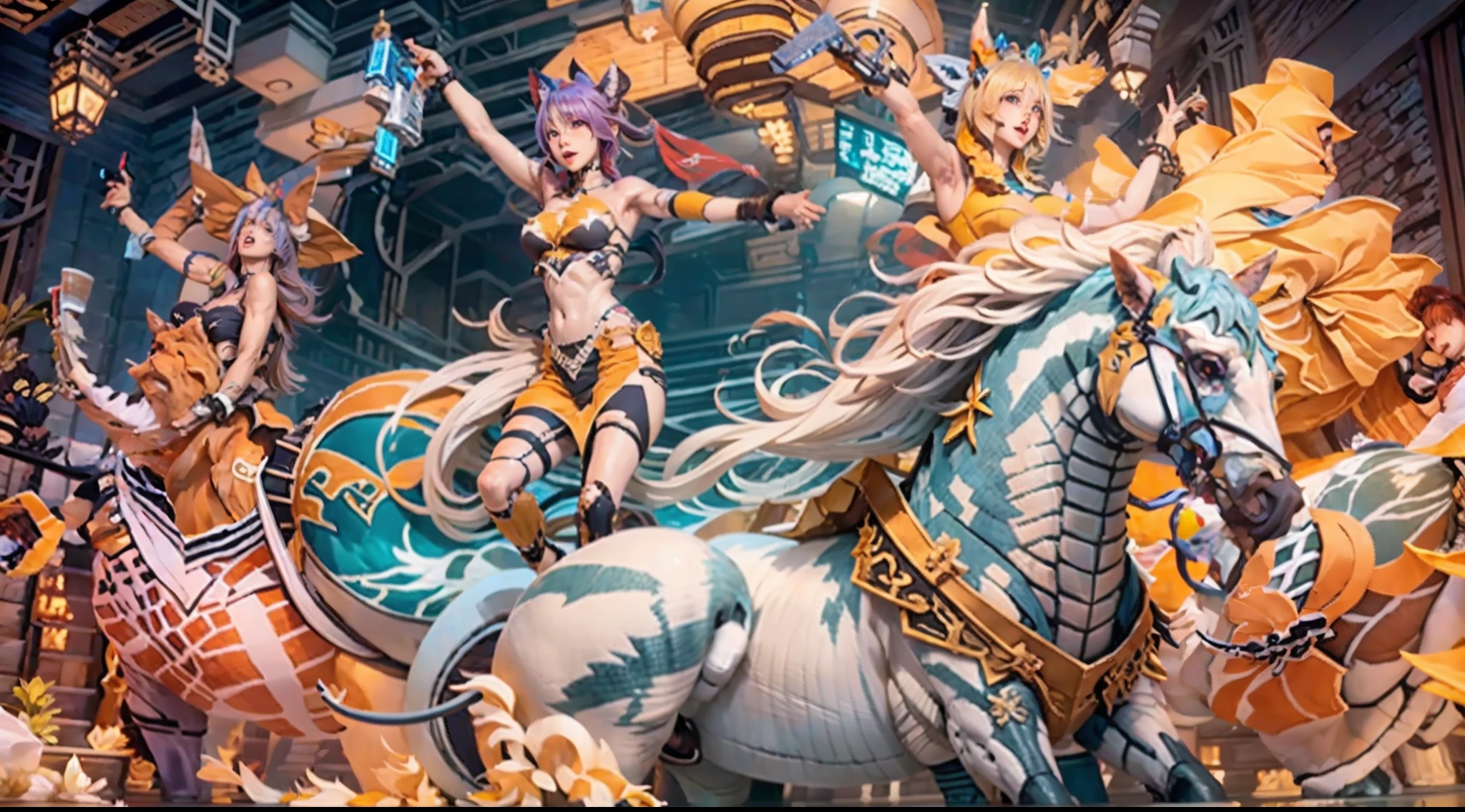 In the beautiful illustration of this super-grand scene，The ultra-long-range lens is shown（Eight unique centaur characters：9.9），They all have their own characteristics，Vivid and interesting。Radiant angelic centaurs from the heavenly realm，To the hellish centaurs surrounded by nightmarish flames，And then to the Wind Immortal Centaur dancing in the air，There are also one-horned centaurs surrounded by thunder and lightning，and mechanical centaurs that shine with metallic light，And then to the powerful dragon centaur with colored dragon scales covering the whole body，The elegant and agile elf centaur always wears a flower crown with its slender and graceful lines，Enchanting and charming Tiflin centaurs。Each character has their own unique charms and abilities。The illustration uses advanced artistic techniques and tools，（Divide the scene into sections by geometric arrangement：9.9），Each section corresponds to a centaur character，This makes more efficient use of space。Through Midjourney's advanced brush tools、Color palette、Material packs and model packs，Exquisite costumes and equipment are designed for each centaur，Enhances the character's personality and visual appeal。The scenery in the illustrations is stunning，There are changing skies、rainbowing、extreme light、Stars and Moon。Incorporating iconic landmarks such as Mount Everest，and fireworks、tranquil lake、Natural and urban elements of waves and neon lights，Creates a magical atmosphere。The centaurs showed off their skills and equipment in a variety of environments，This is true even in extreme alien landscapes。（Use Midjourney's tools、Material packs、Texture tools、The color palette makes depicting details vivid and realistic：9.9），From intricate hairstyles and clothing to authentic textures，Enhances the realism of the characters and surroundings。The fusion of multiple art styles adds movement to the centaur's movement at all angles，The overall visual experience is further enriched。The final illustration was described as a "mast