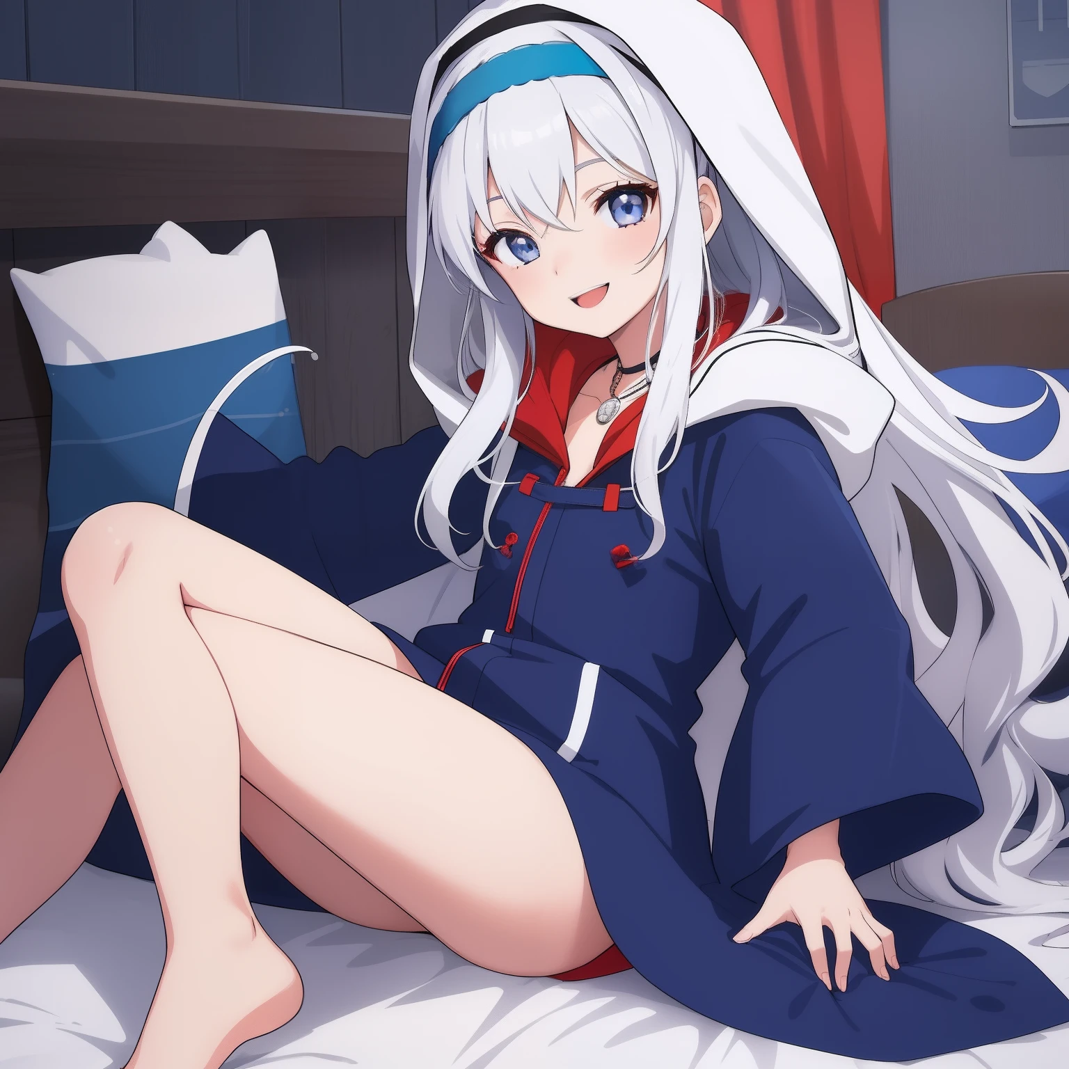 1 woman, fullbody, parka, parka dress, wide sleeves, loose parka, hood up, white hair, blue eye, long hair, happy, smile, 18 year old, dynamic angle, blue hairband, bed room, hentai, red necklace, barefoot