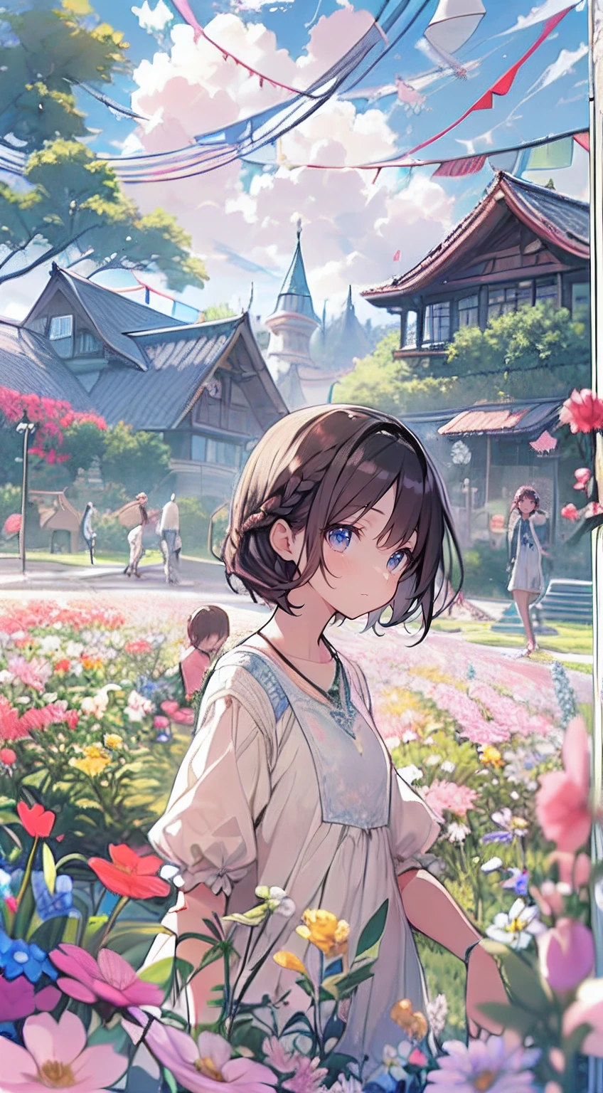 masutepiece, Best Quality,Illustration, Wallpaper, Ultra Detail, Absurd beauty、1 beautiful girl、 (Medium Short-Cut Hair、short braided hair), Beautiful ultra-detailed eyes , Hair fluttering in the wind、Keep your head small、flower  field、great outdoors、Landscape of the flower garden